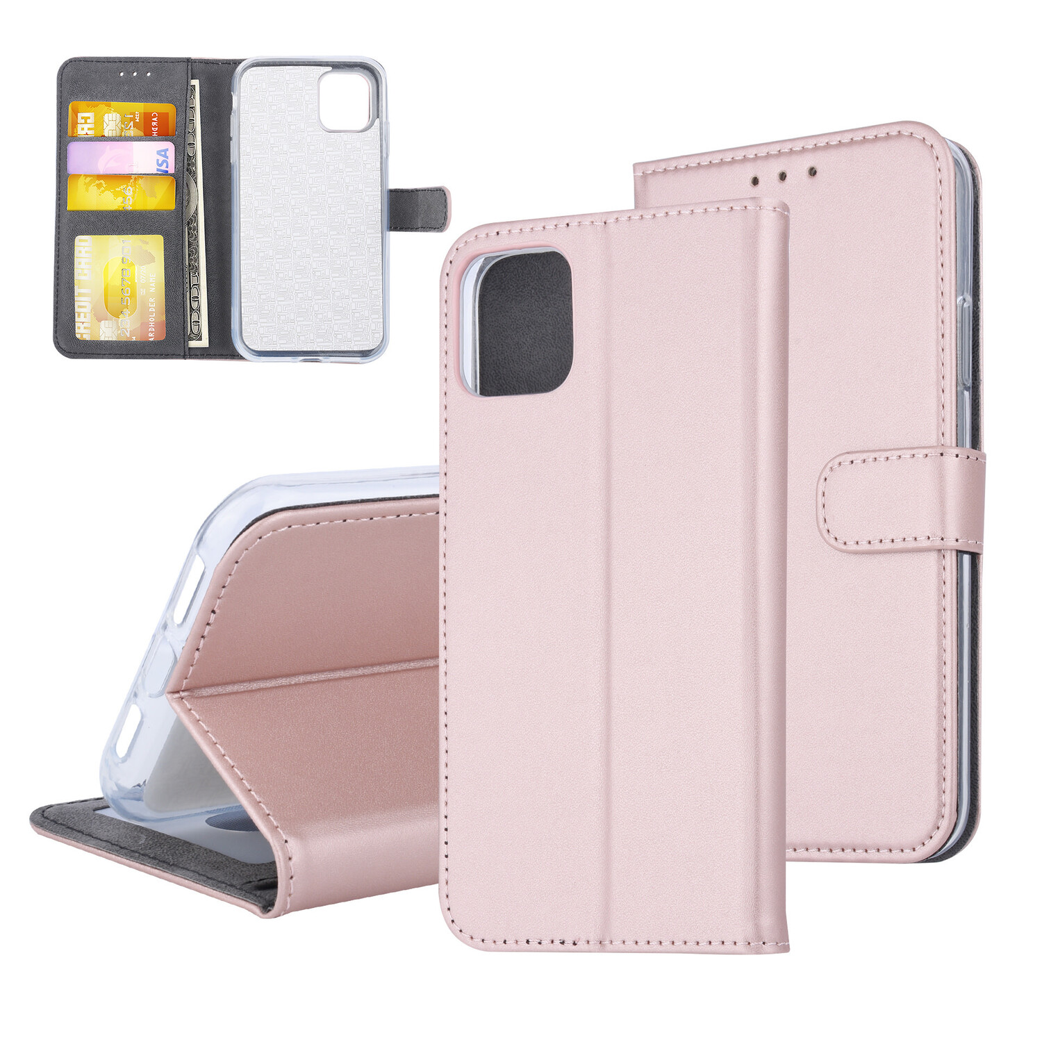 Book-Case hul passend für Apple iPhone 11 Pro Max Kartenhalter Rose Gold -Magnetverschluss - Kunstleer; TPU