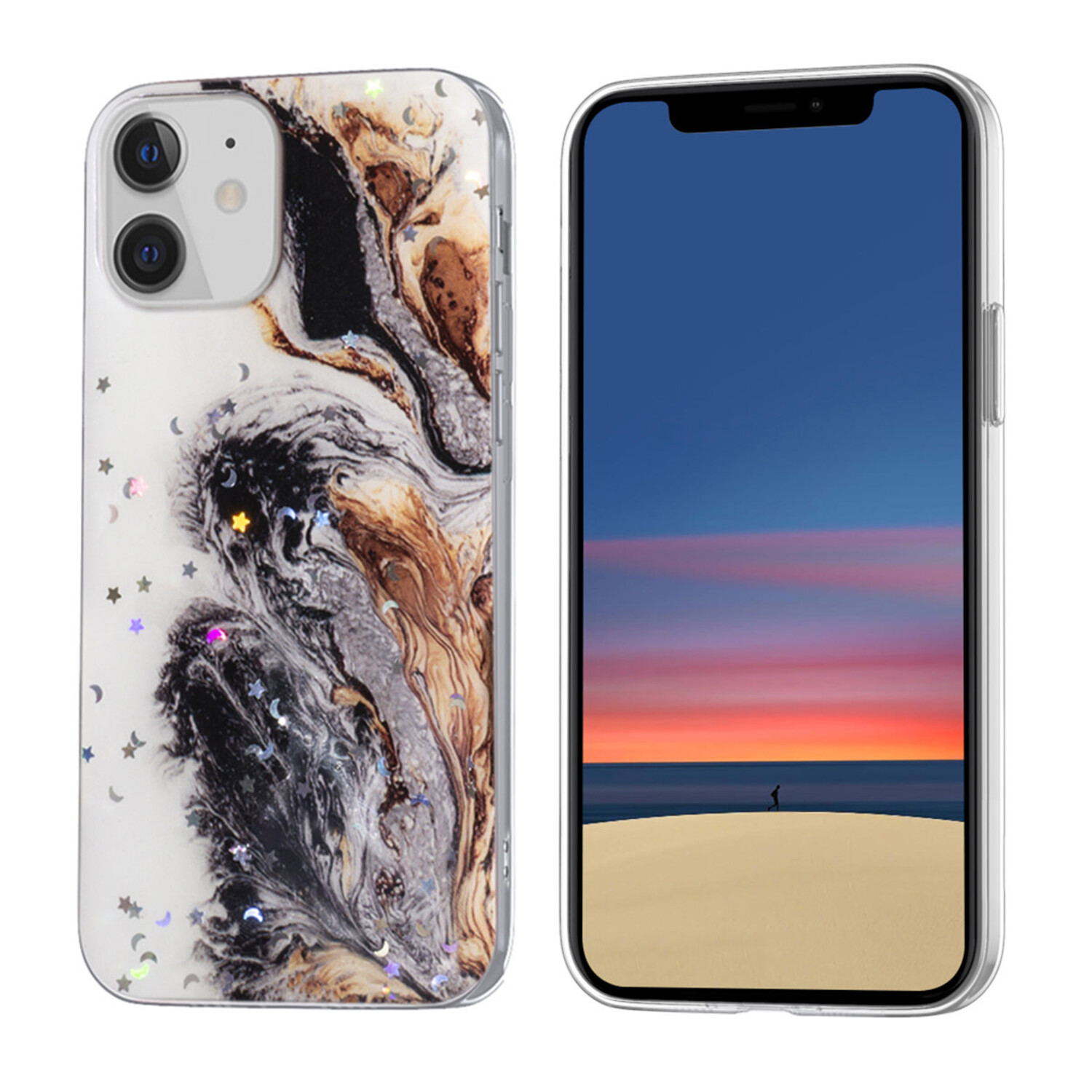 passend für Apple iPhone 12 Mini Glitter Print Silikonhülle - Glitter Print Mix Dunkler