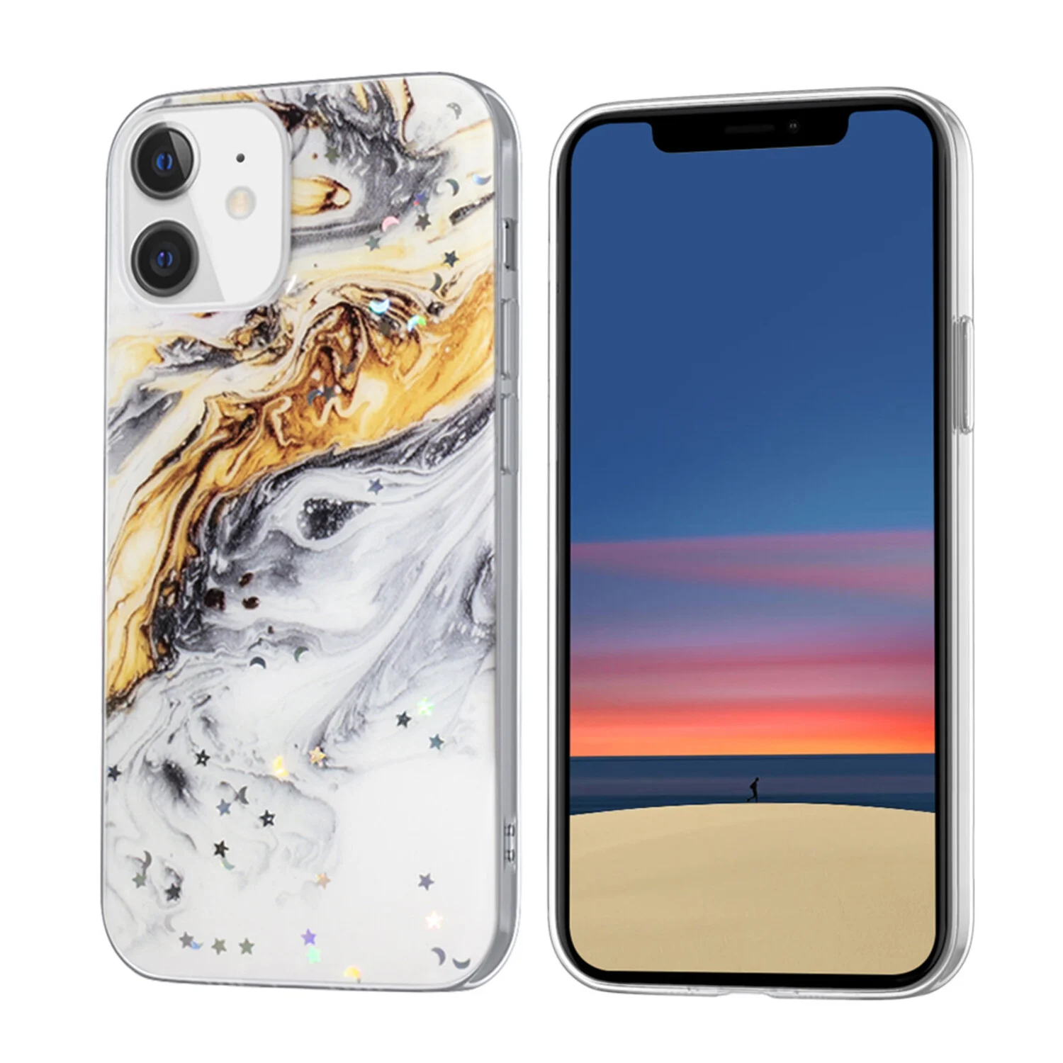 passend für Apple iPhone 12 Mini Glitter Print Silikonhülle - Glitter Print Gelb-Grau