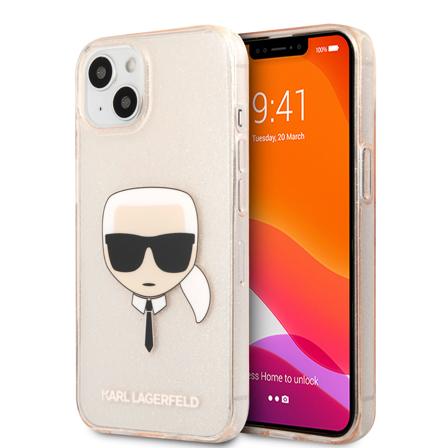 Karl Lagerfeld Karl Lagerfeld iPhone 13 Mini Hardcase-Rückseite - Glitter - Karl's head - Transparent Gold