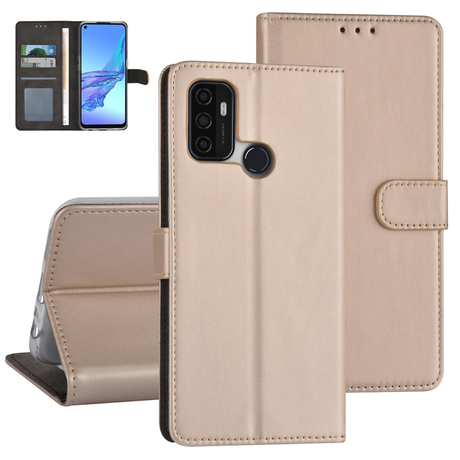 passend für Oppo A53s Book-Case hul - Kartenhalter - Magnetverschluss - Gold