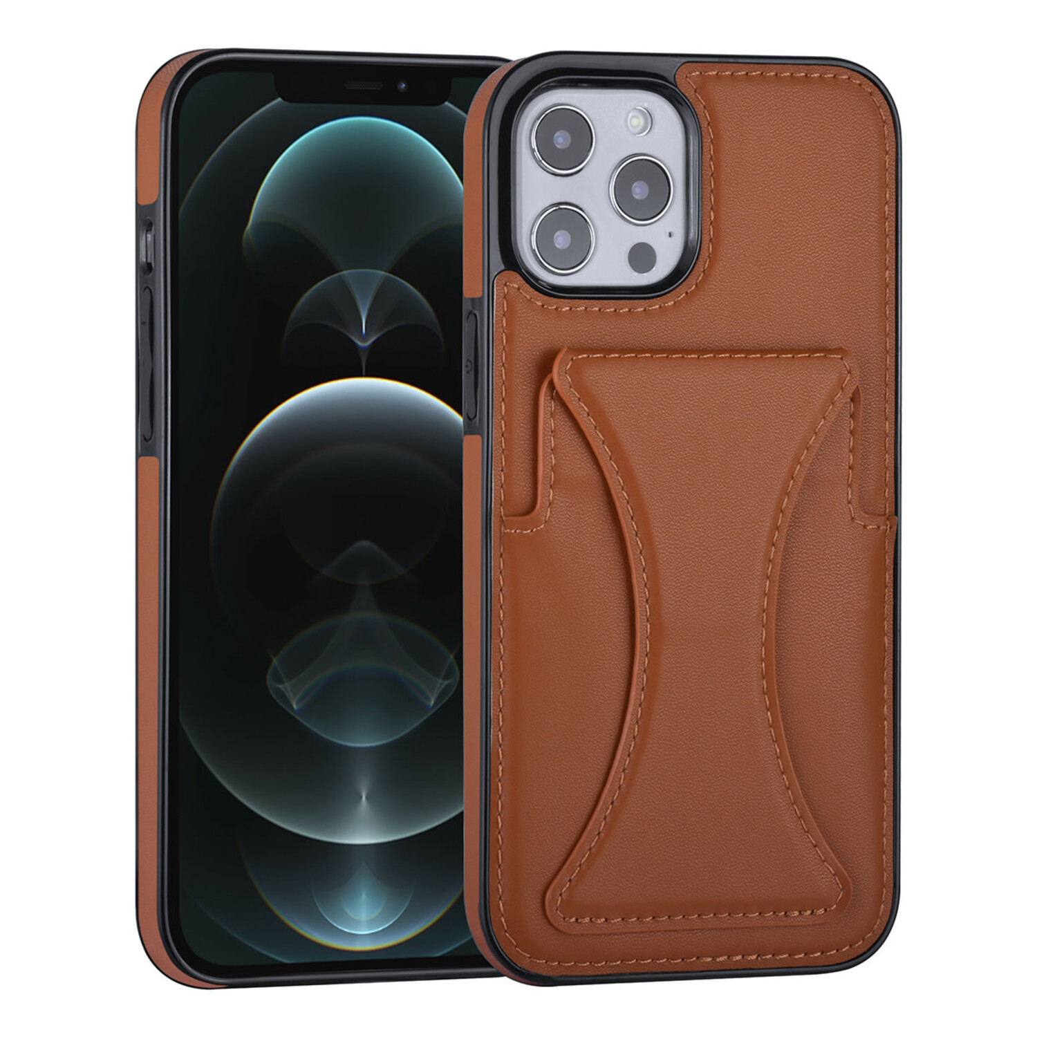 iPhone 12 Pro Max Back-Cover hul - Kartenhalter - Multifunktionale Handschlaufe - Braun