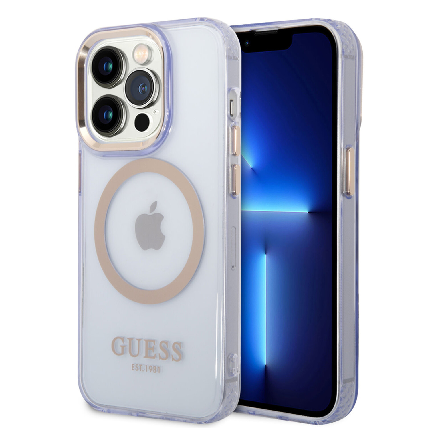 Guess Guess iPhone 14 Pro Max Hardcase-Rückseite - Gold Buttons &amp; Camera - Magsafe Compatible - Durchscheinend - Lila
