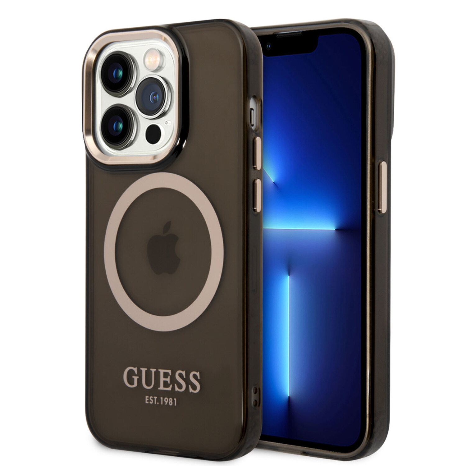 Guess Guess iPhone 14 Pro Hardcase-Rückseite - Gold Buttons &amp; Camera - Magsafe Compatible - Durchscheinend - Schwarz