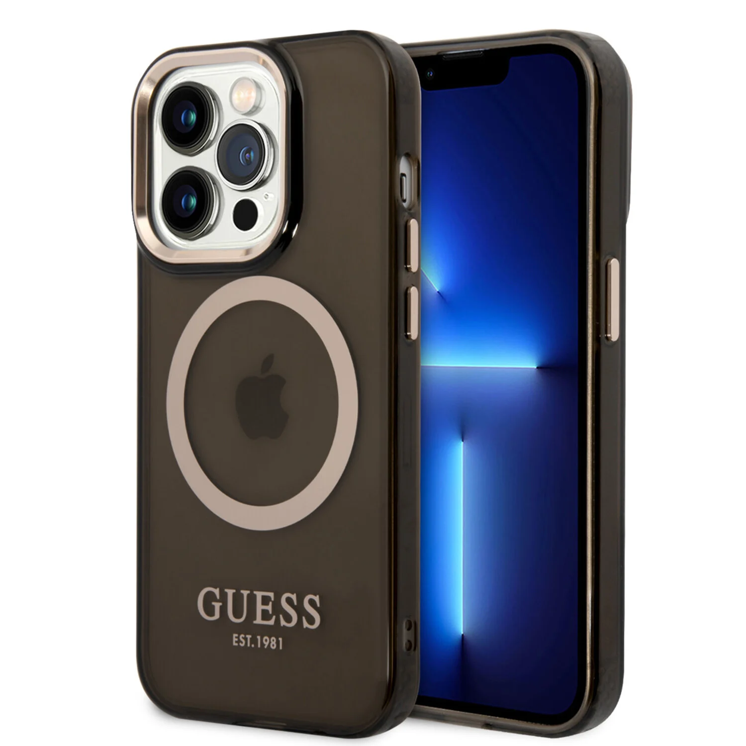 Guess Guess iPhone 14 Pro Hardcase-Rückseite - Gold Buttons &amp; Camera - Magsafe Compatible - Durchscheinend - Schwarz