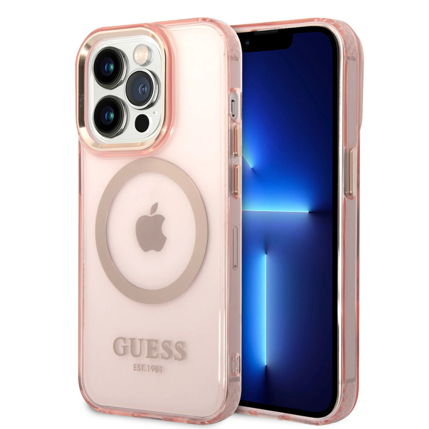 Guess Guess iPhone 14 Pro Hardcase-Rückseite - Gold Buttons &amp; Camera - Magsafe Compatible - Durchscheinend - Rosa