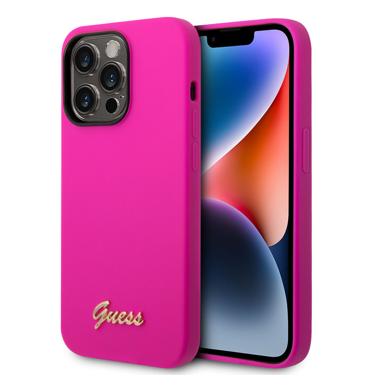 Guess Guess iPhone 14 Pro Silikonhülle - Metal logo - Fuchsia