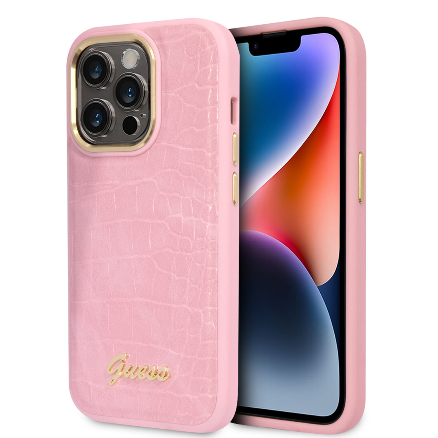 Guess Guess iPhone 14 Pro Hardcase-Rückseite - Croco - Metal Buttons &amp; Camera - Rosa