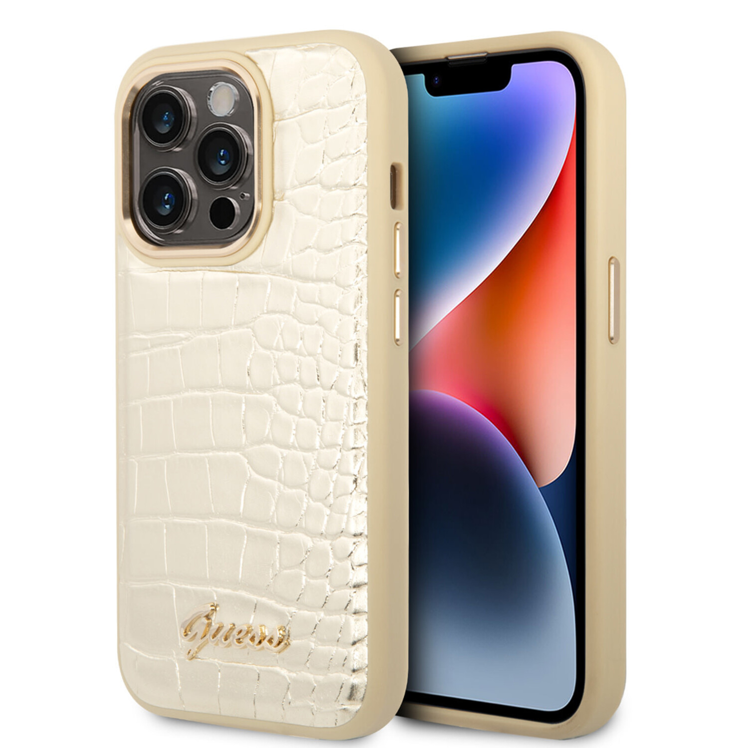Guess Guess iPhone 14 Pro Hardcase-Rückseite - Croco - Metal Buttons &amp; Camera - Gold