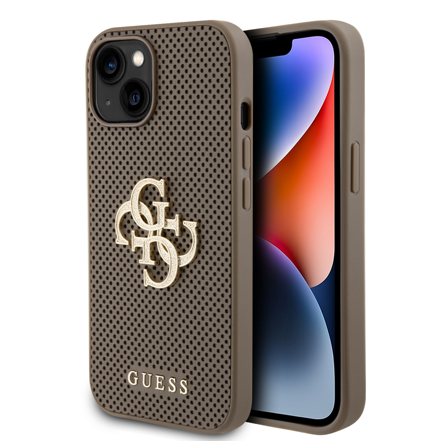 Guess Guess iPhone 15 &amp; 14 Plus Back-Cover hul - Perforated 4G - glitter - Taupe