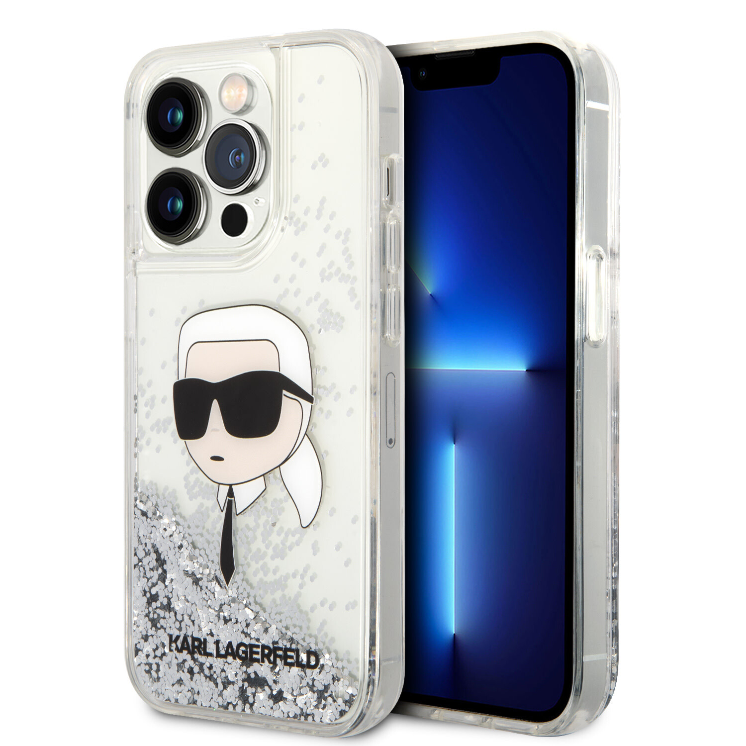 Karl Lagerfeld Karl Lagerfeld iPhone 14 Pro Back-Cover hul - Liquid Glitter - Karl Head - Silber