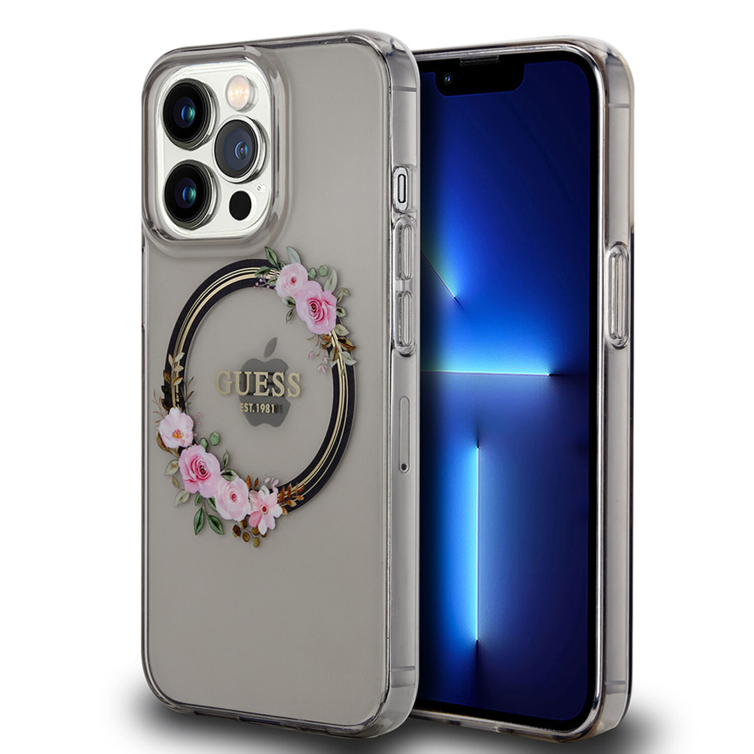 Guess Guess iPhone 13 Pro Back-Cover hul - Magsafe IML flowers - Schwarz