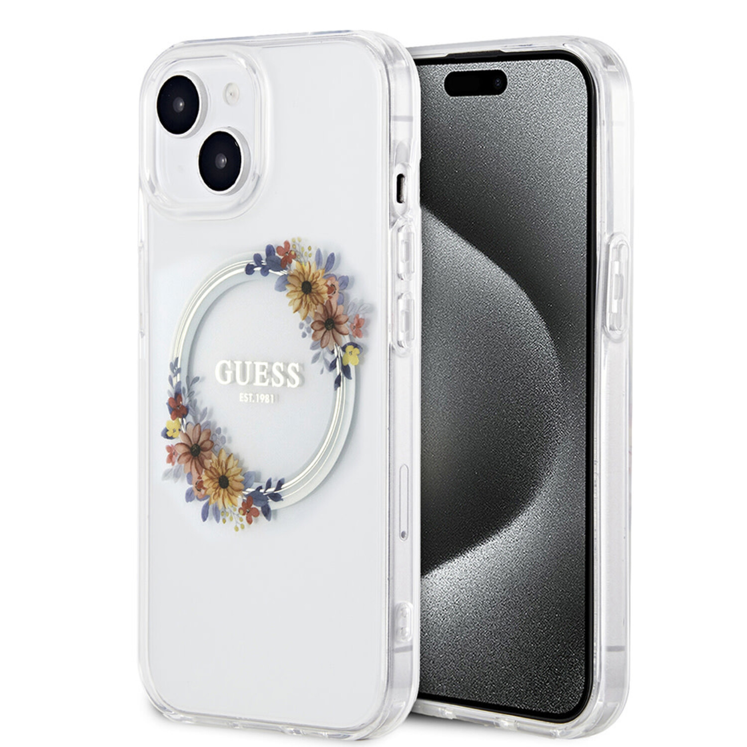 Guess Guess iPhone 13 Back-Cover hul - Magsafe IML flowers - Transparent