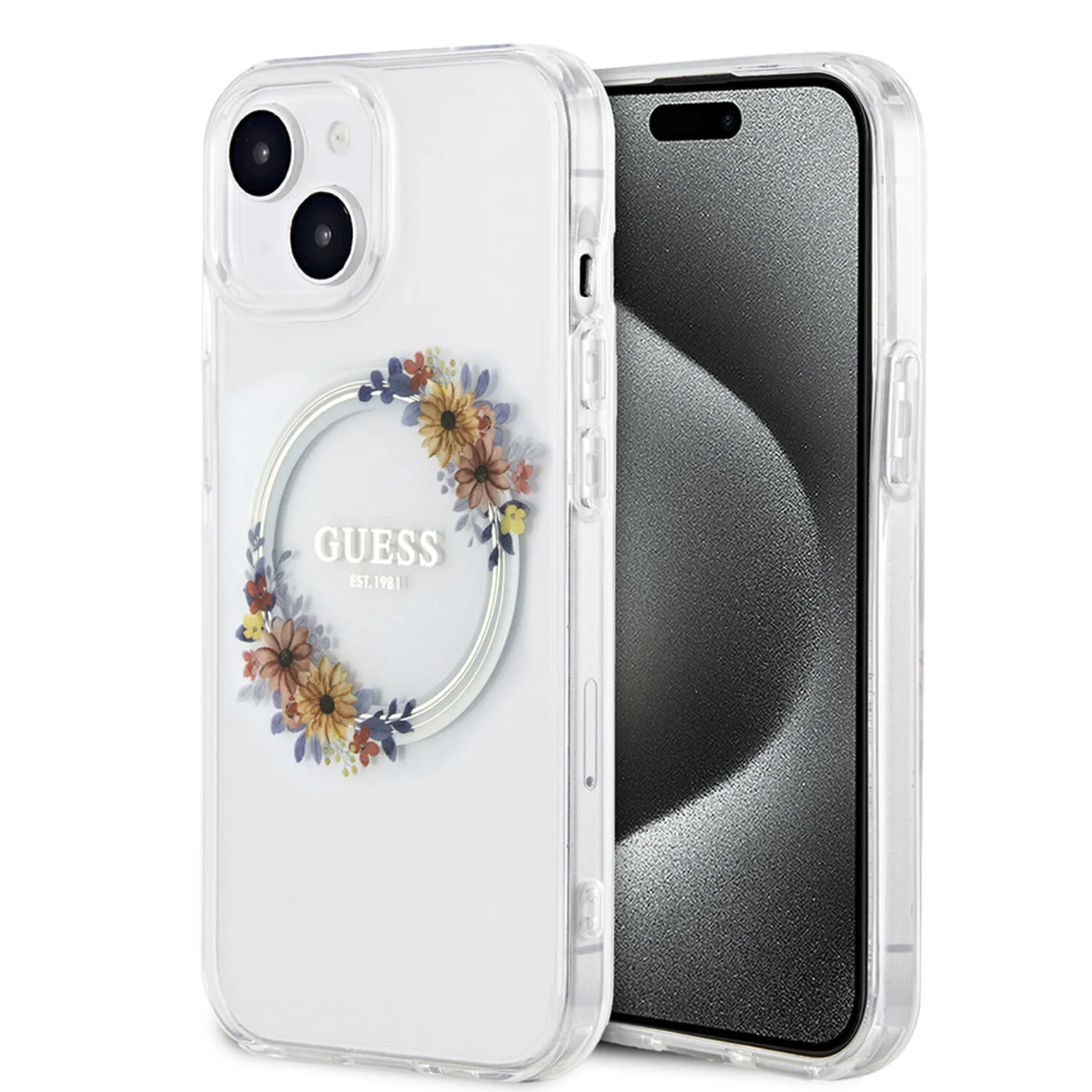 Guess Guess iPhone 13 Back-Cover hul - Magsafe IML flowers - Transparent