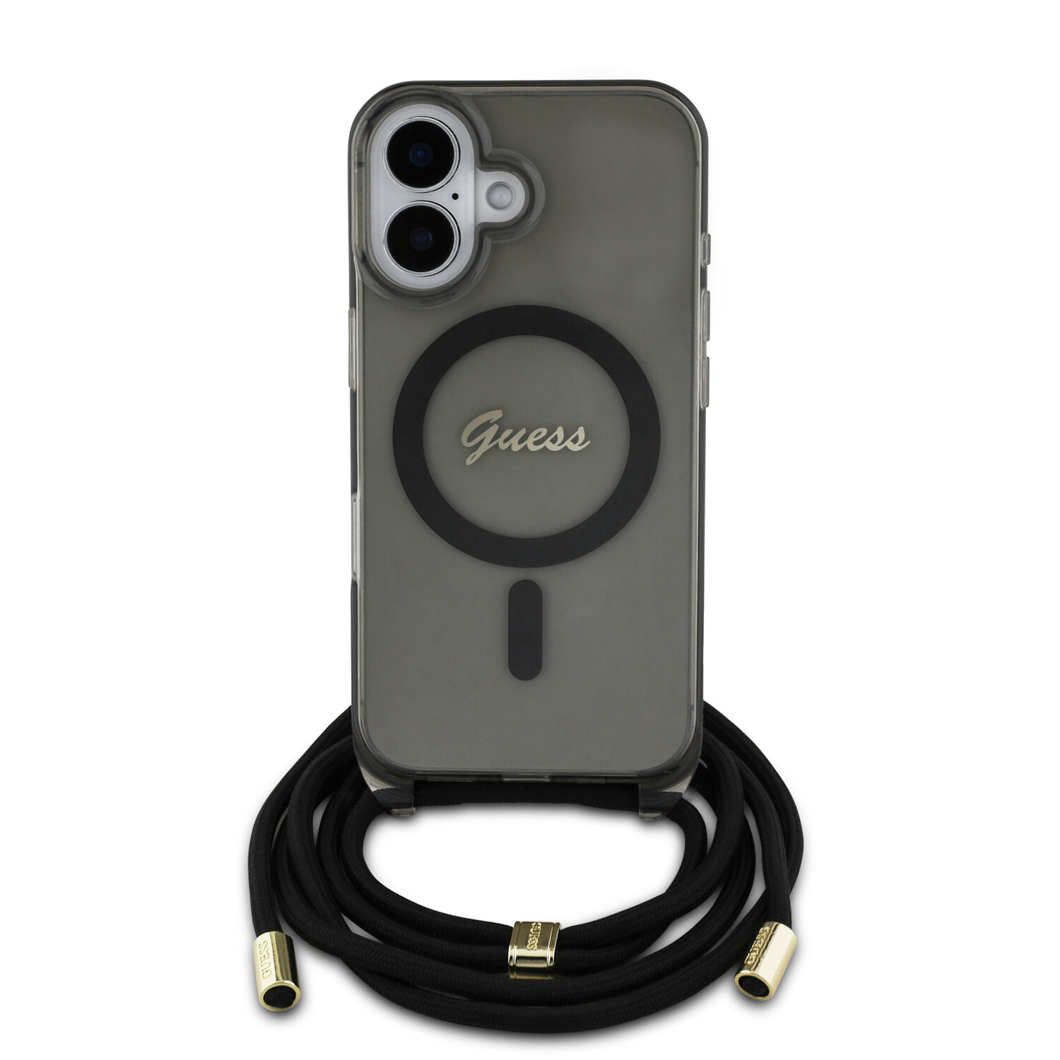 Guess Guess iPhone 16 Back-Cover hul - Magsafe IML crossbody cord script - Schwarz