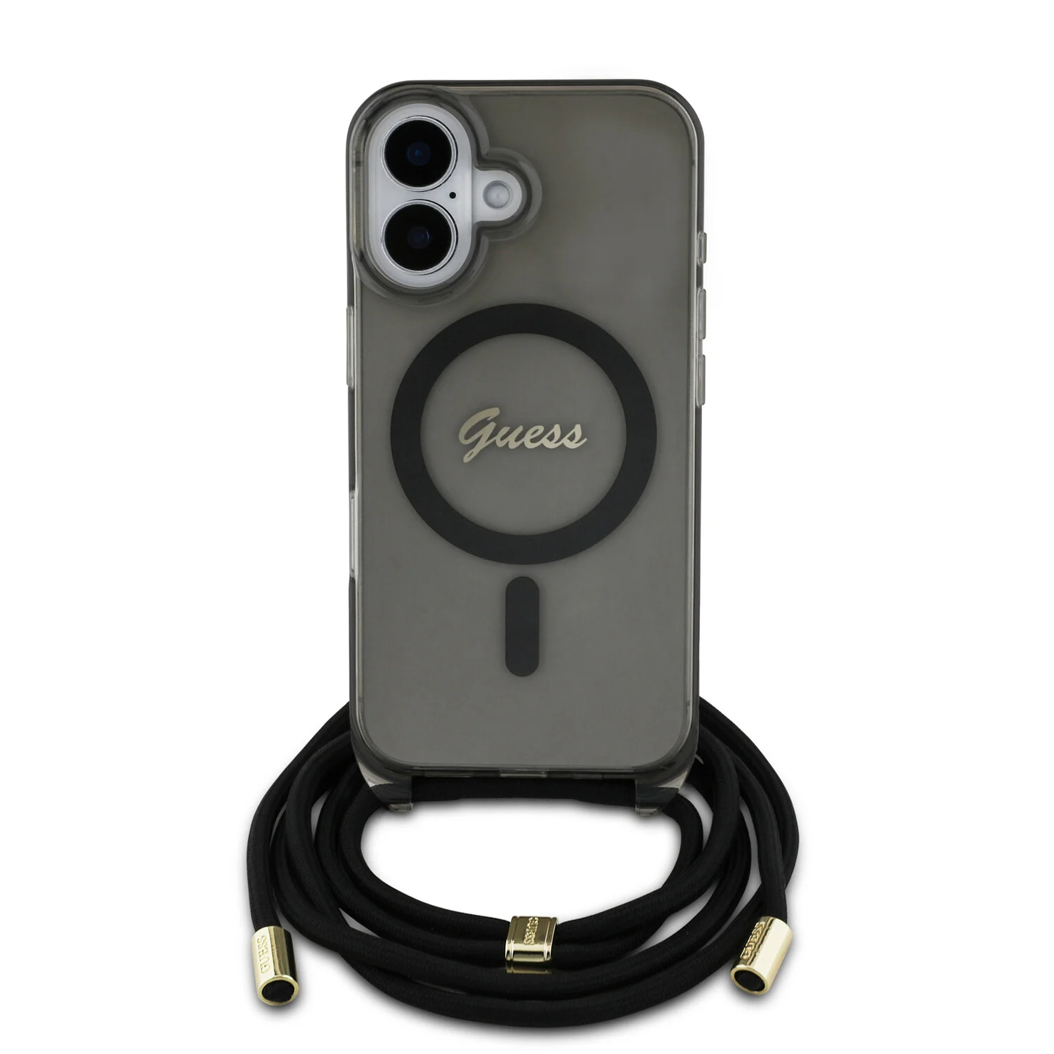Guess Guess iPhone 16 Back-Cover hul - Magsafe IML crossbody cord script - Schwarz