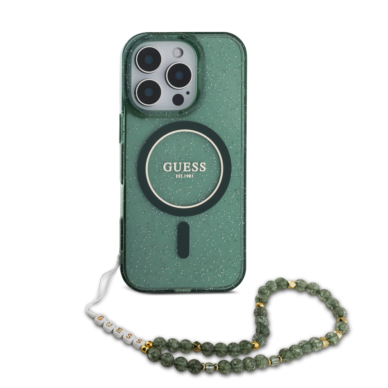 Guess Guess iPhone 16 Pro Back-Cover hul - Magsafe IML Glitter with pearls strap - Grün