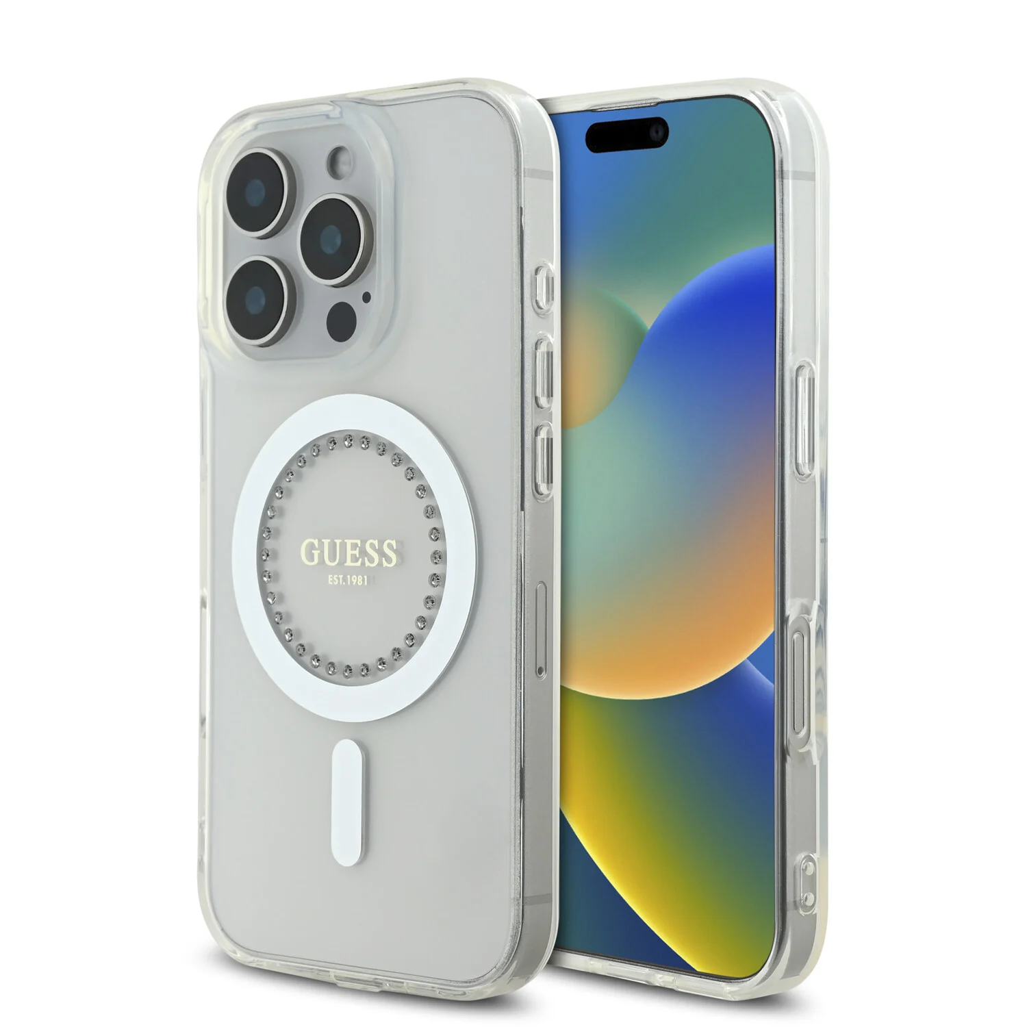 Guess Guess iPhone 16 Pro Back-Cover hul - Magsafe IML Rhinestones - Weiß