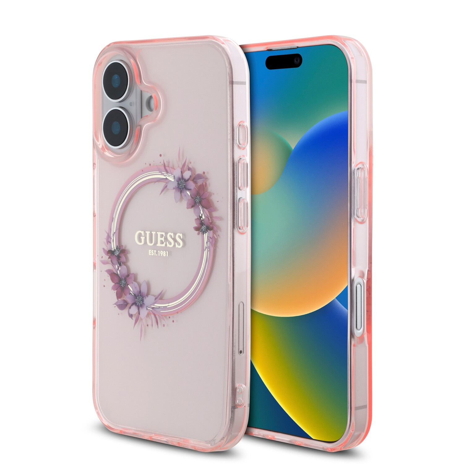 Guess Guess iPhone 16 Back-Cover hul - Magsafe IML Flowers - Rosa