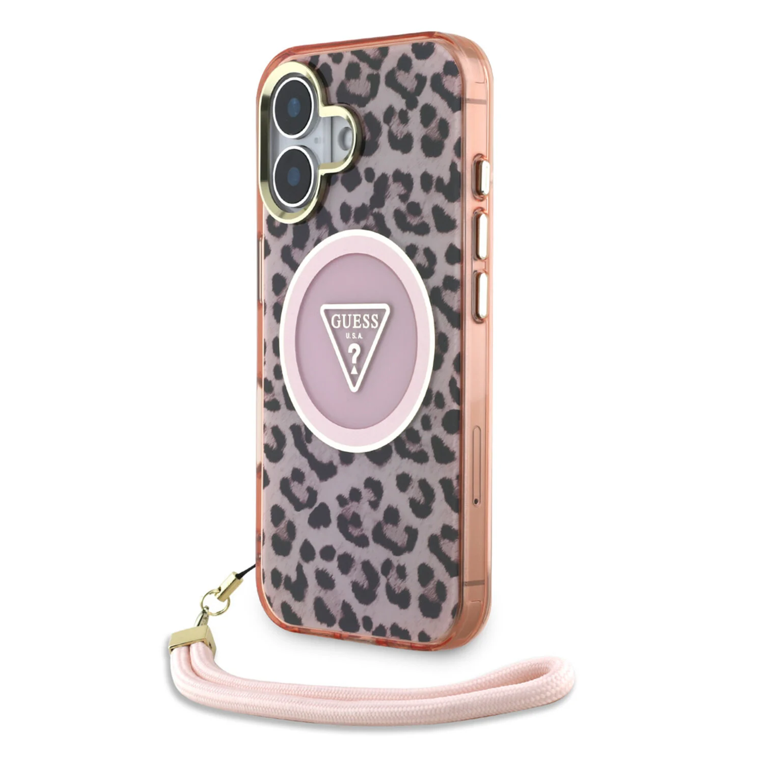 Guess Guess iPhone 16 Back-Cover hul - Magsafe - Leopard print with Nylon strap - Rosa