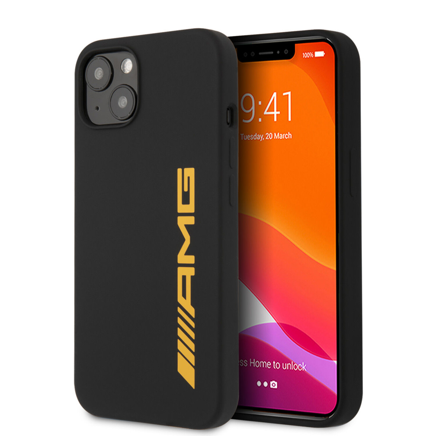 AMG AMG iPhone 13 &amp; 14 Back-Cover hul - Silicone - Big Yellow Logo - Schwarz