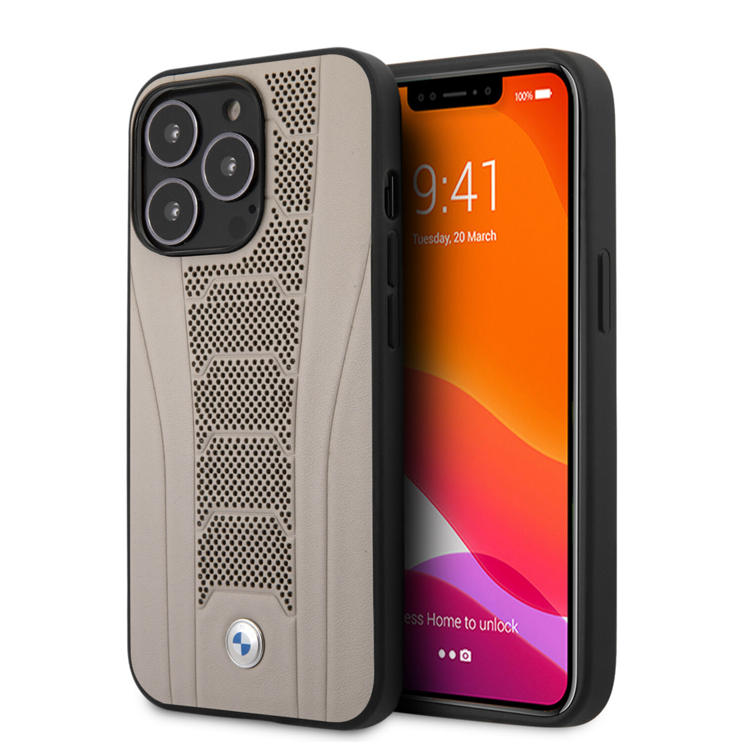 BMW BMW iPhone 13 Pro Back-Cover hul - Leather Signature - Perforated Deboss Line - Beige