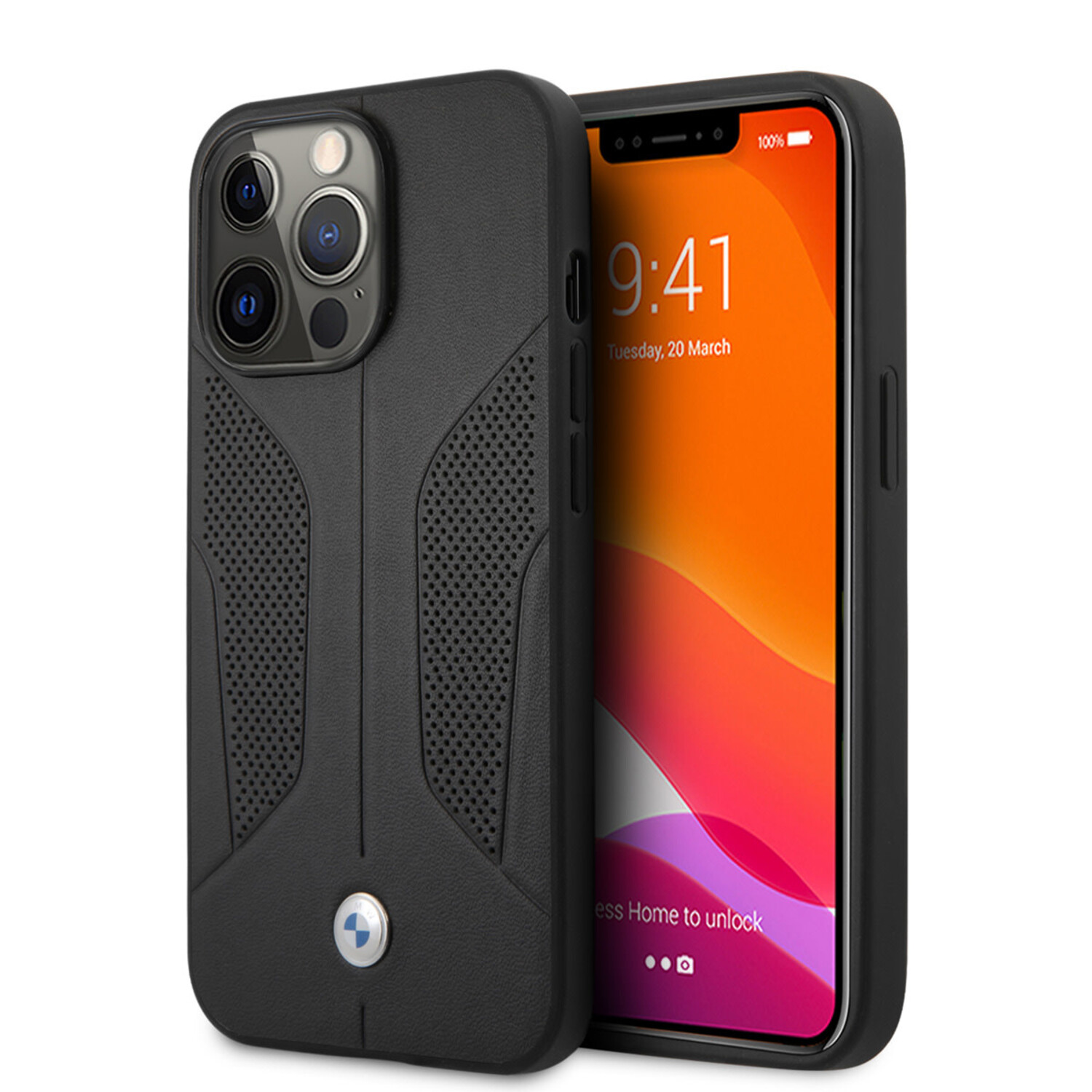 BMW BMW iPhone 13 Pro Back-Cover hul - Leather Signature - Perforated Sides - Schwarz