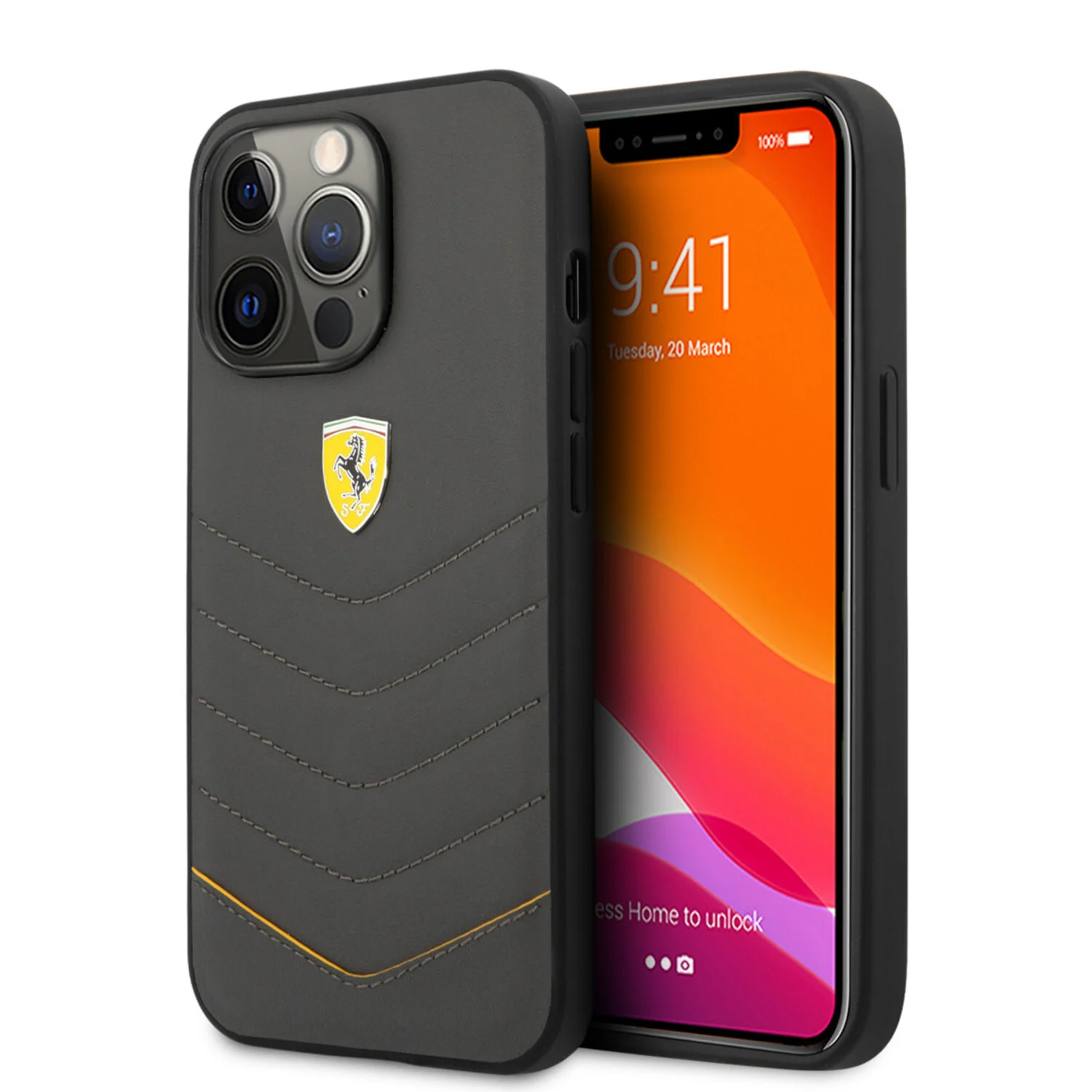 Ferrari Ferrari iPhone 13 Pro Back-Cover hul - Genuine Leather - Quilted Edge - Yellow Line - Grau