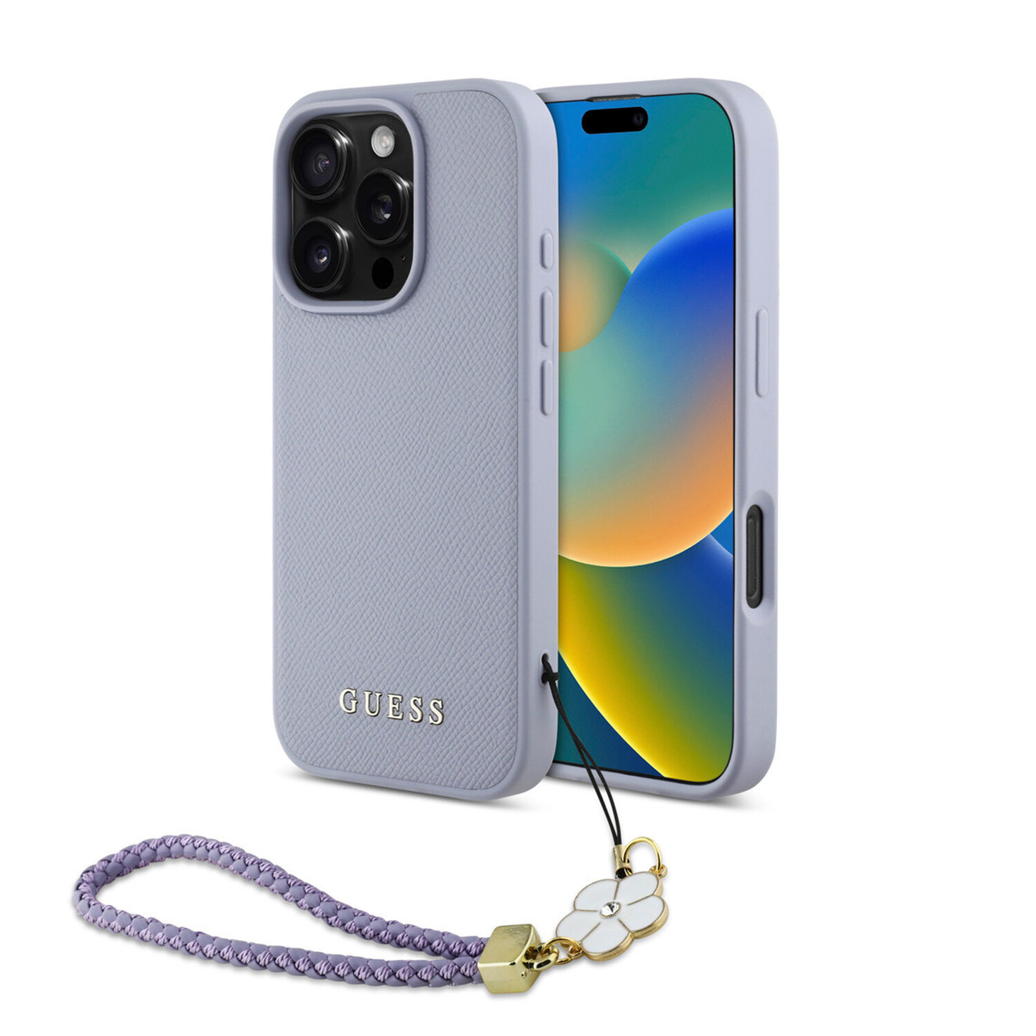 Guess Guess iPhone 16 Pro Back-Cover hul - Magsafe - Grained - Flower Charm Strap - Lila