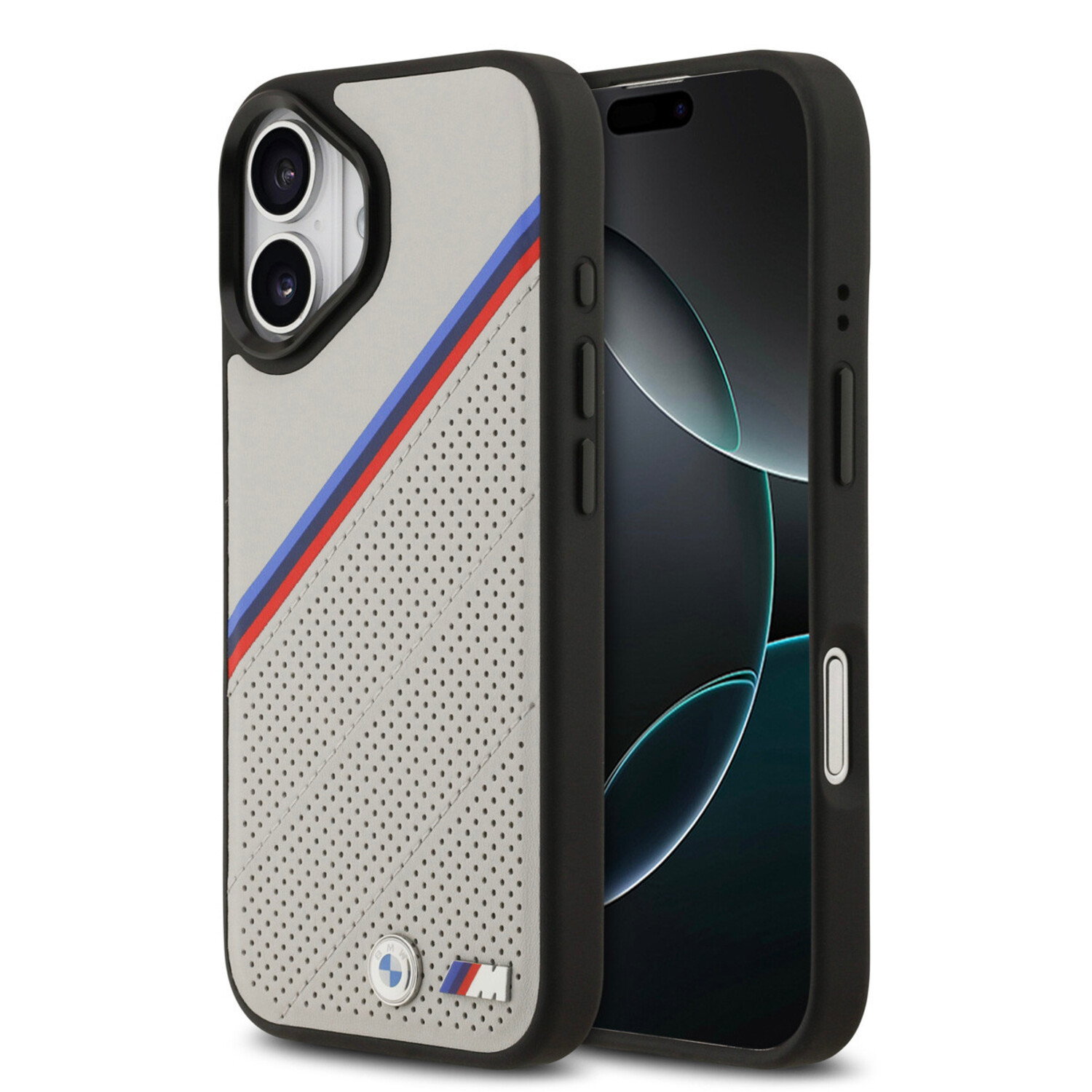 BMW BMW iPhone 17 Back-Cover hul - MagSafe - PU Leather Case With Tricolor Slanted Stripes &amp; Metal Logos - Grau