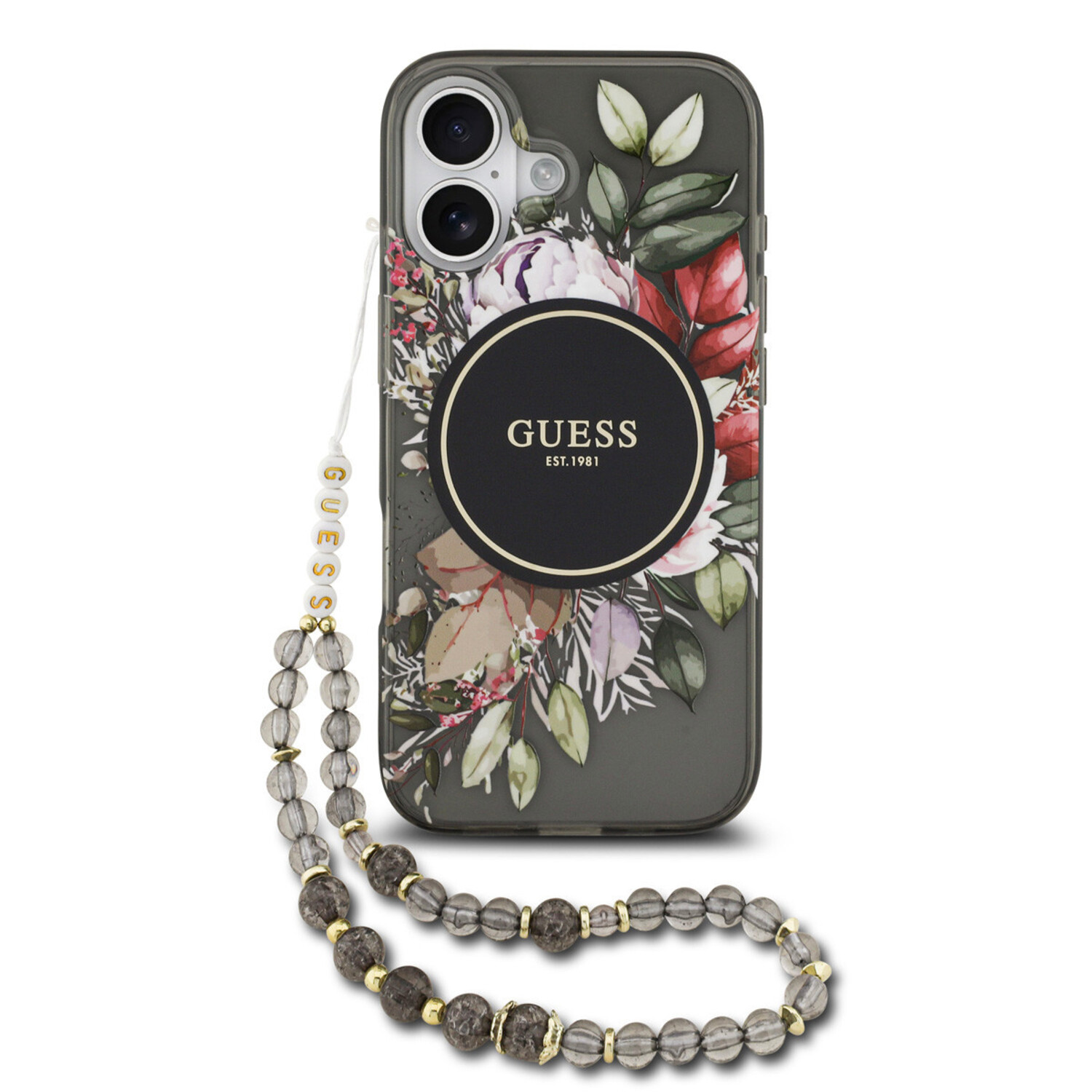 Guess Guess iPhone 17 Back-Cover hul - Magsafe - IML Flowers with Pearl Strap - Schwarz