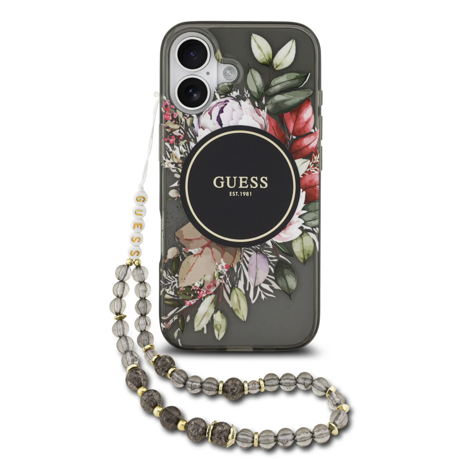 Guess Guess iPhone 17 Back-Cover hul - Magsafe - IML Flowers with Pearl Strap - Schwarz