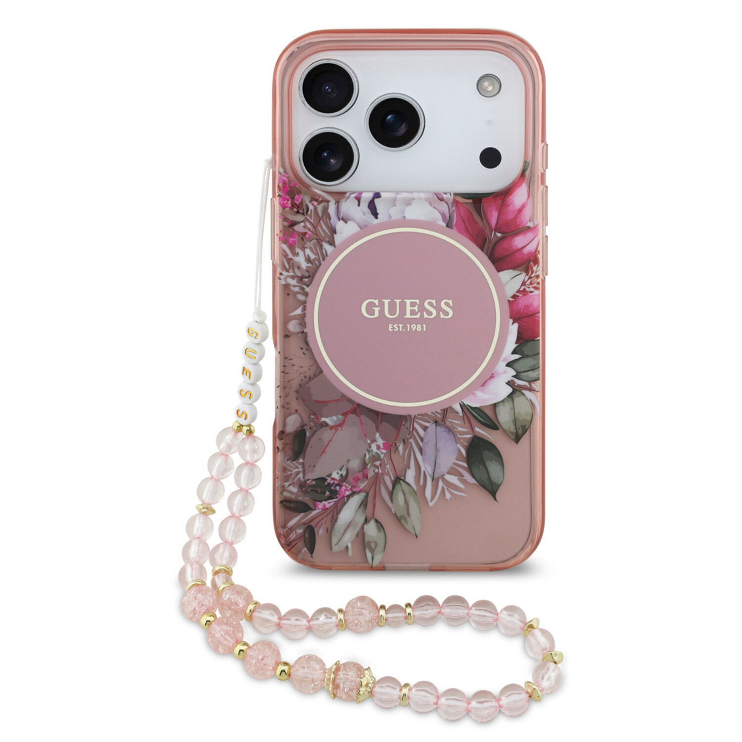 Guess Guess iPhone 17 Pro Back-Cover hul - Magsafe - IML Flowers with Pearl Strap - Rosa