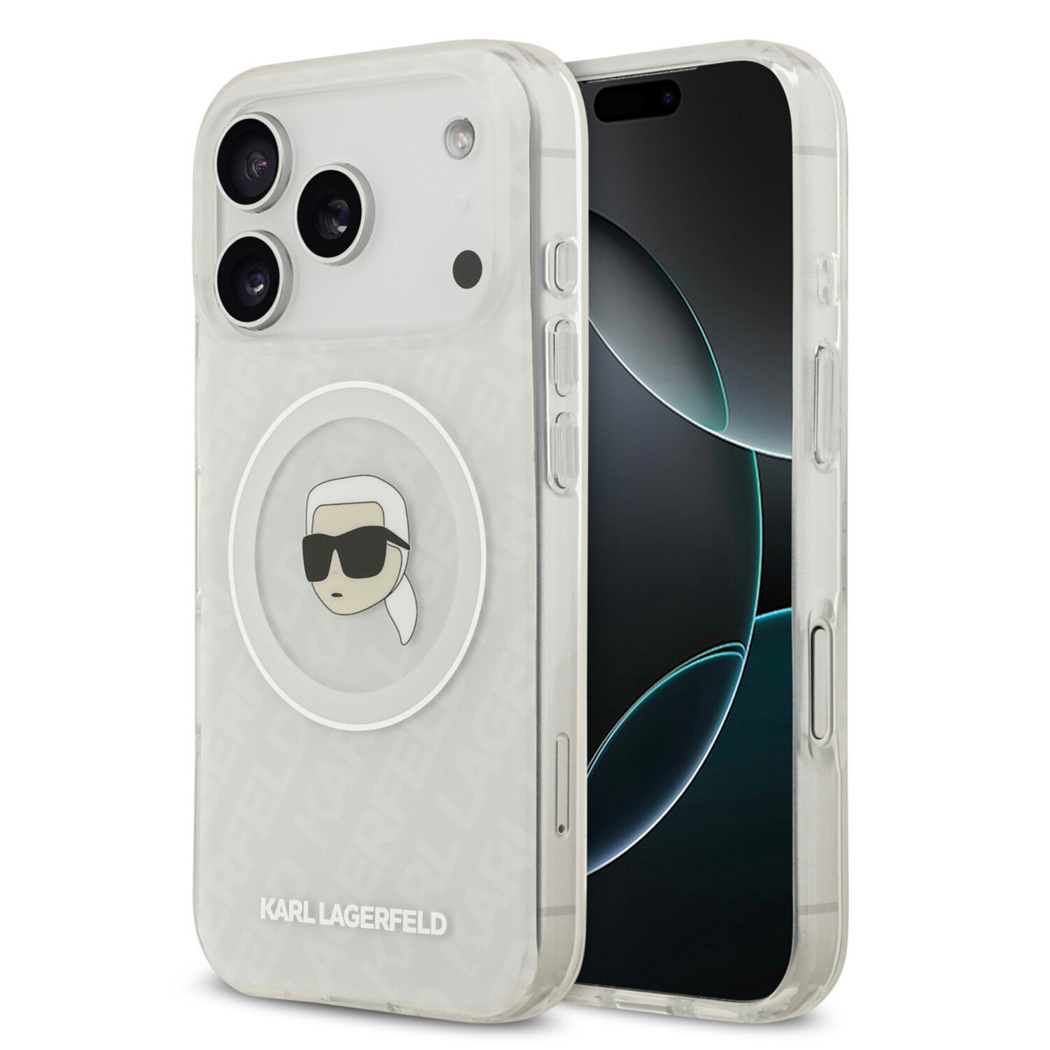 Karl Lagerfeld Karl Lagerfeld iPhone 17 Pro Back-Cover hul - MagSafe IML - Glitter &amp; KL Repeated Case With Karl Head - Transparent