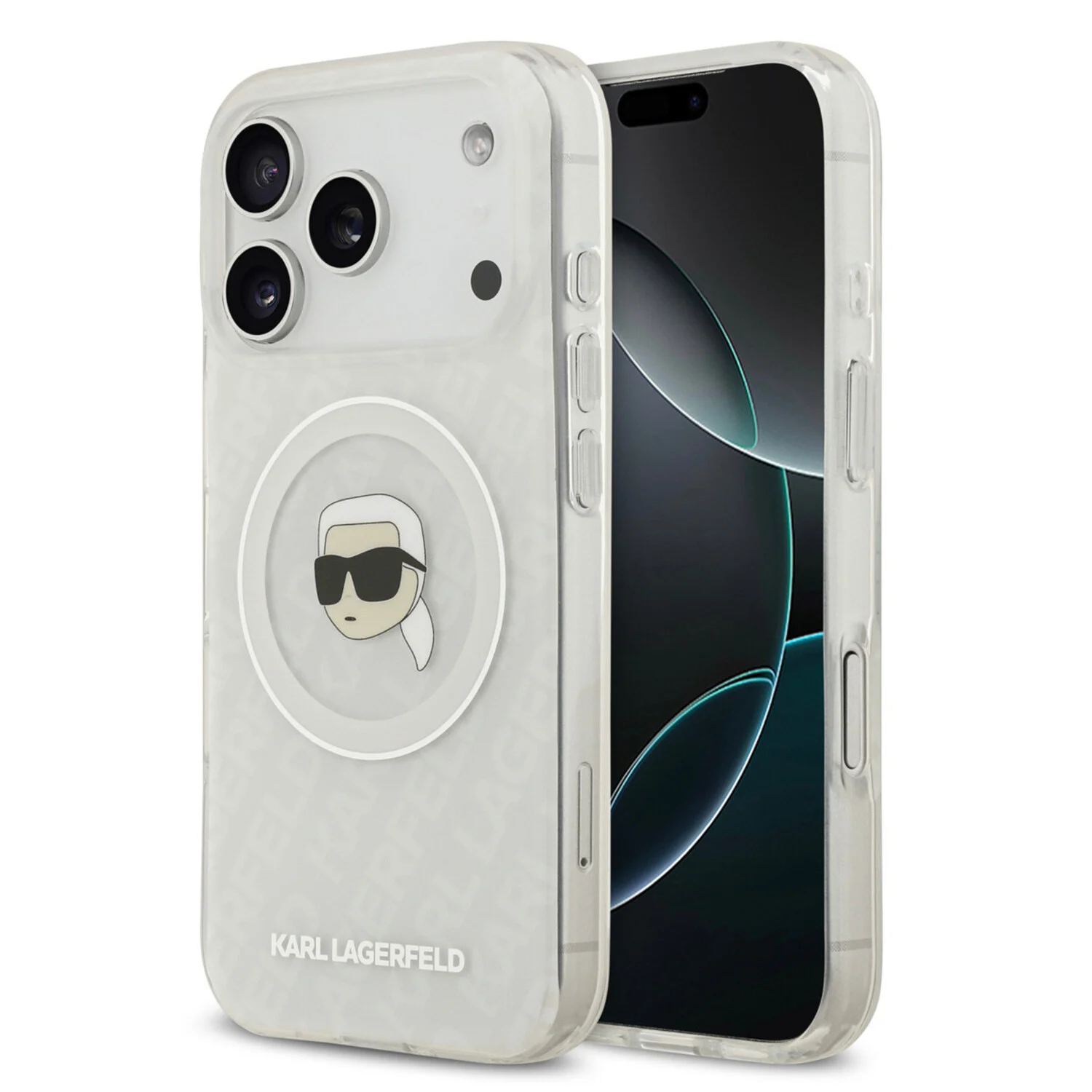 Karl Lagerfeld Karl Lagerfeld iPhone 17 Pro Back-Cover hul - MagSafe IML - Glitter &amp; KL Repeated Case With Karl Head - Transparent