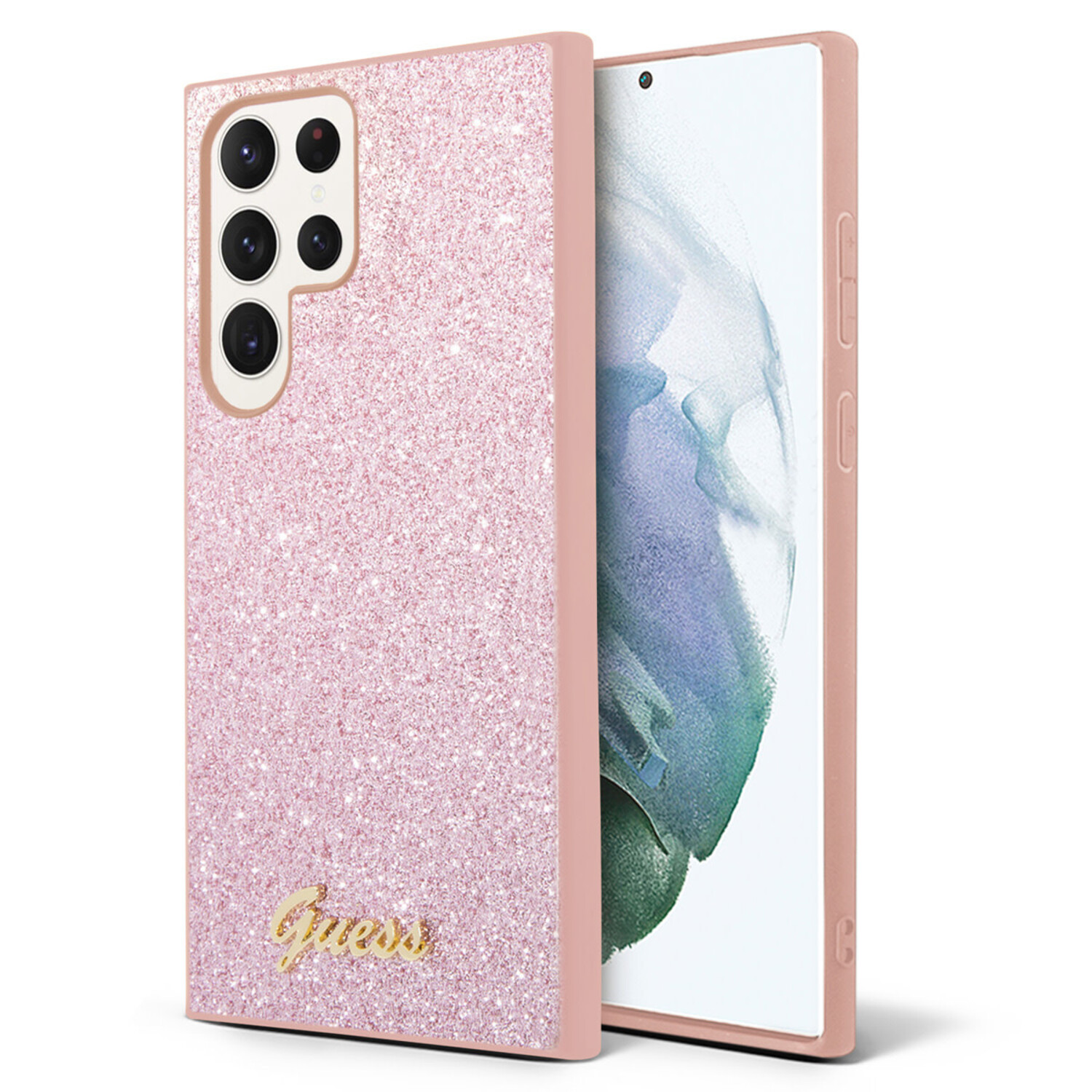 Original GUESS Case GUHCS24LHGGSHP passend für Samsung S24 Ultra (Glitter Script / rosa)