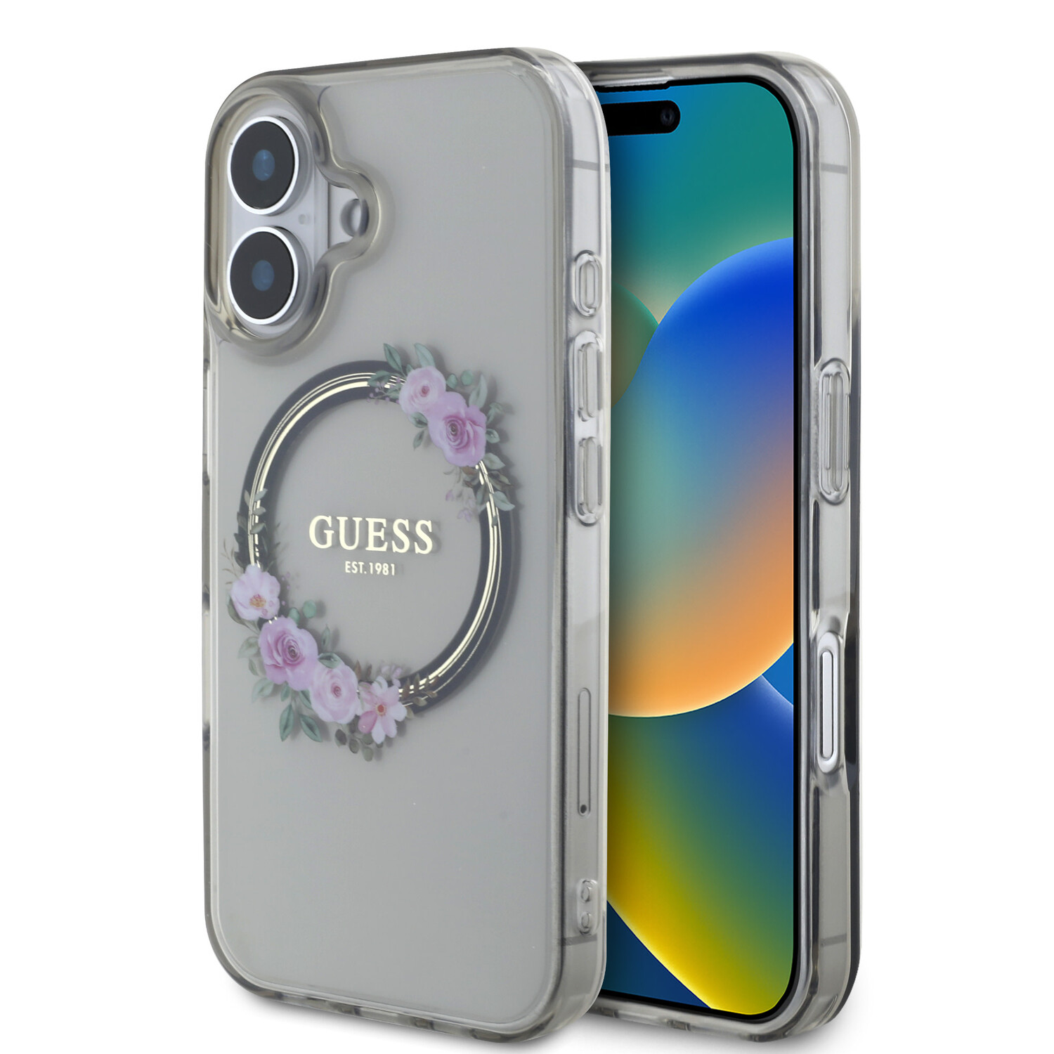 GUESS case passend für IPHONE 16 kompatibel mit MagSafe GUHMP16SHFWFCK (IML Flowers Wreath) black
