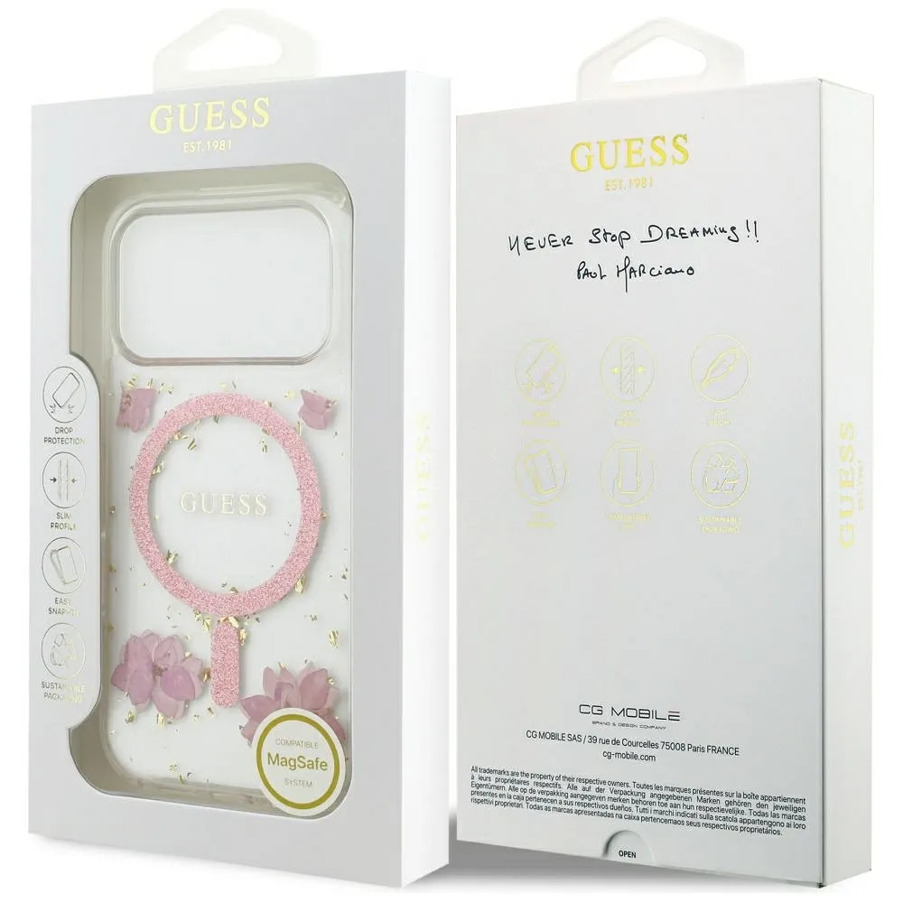 GUESS case passend für IPHONE 17 Pro kompatibel mit MagSafe GUHMP17LRBFGFGMP (Resin Flowers and Glitter) pink