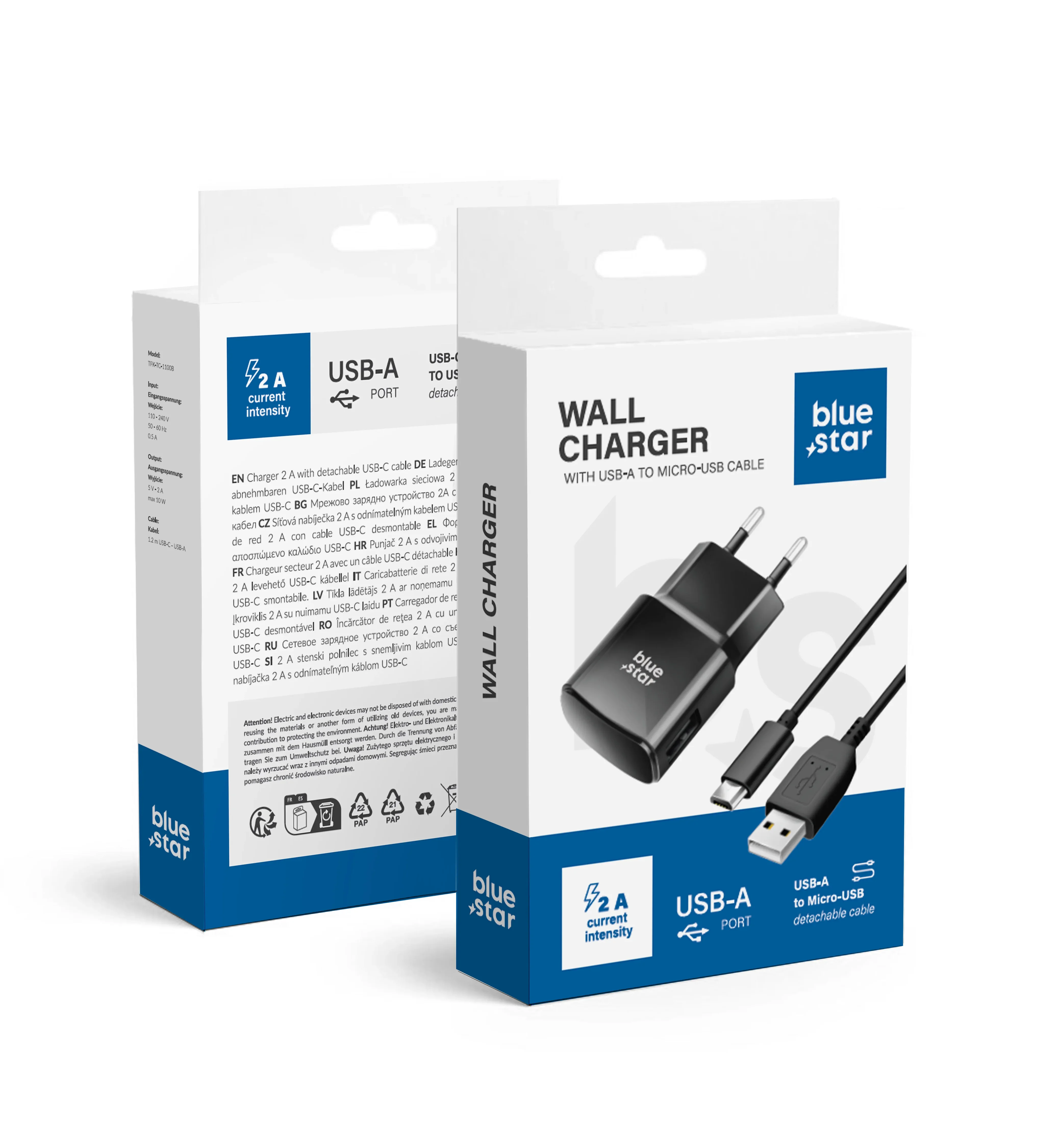 NETZ-Ladegerät micro USB UNIVERSAL 2A BLUE STAR (abnehmbar Kabel)