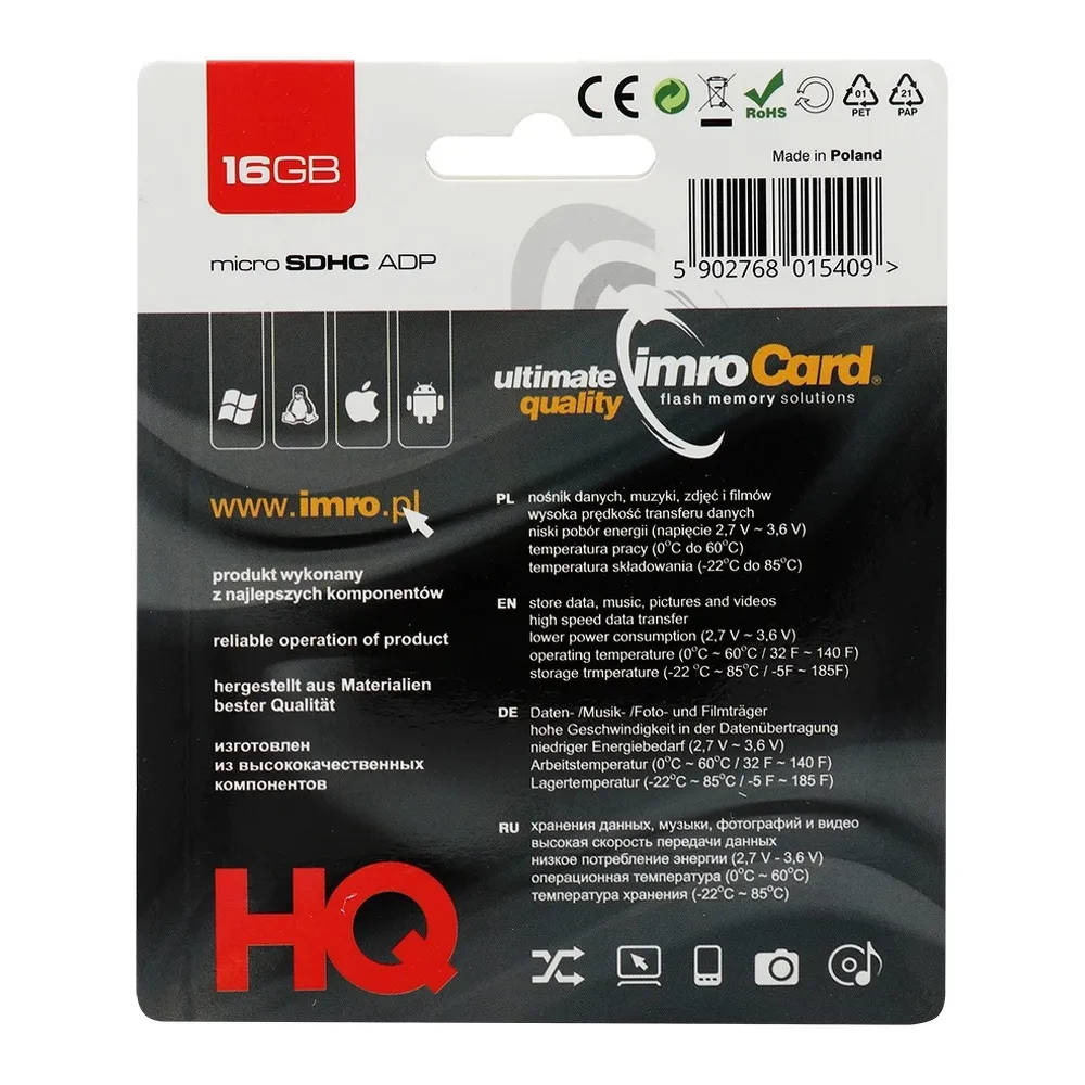 SPEICHERKARTE IMRO microSD 16GB mit SD Adapter