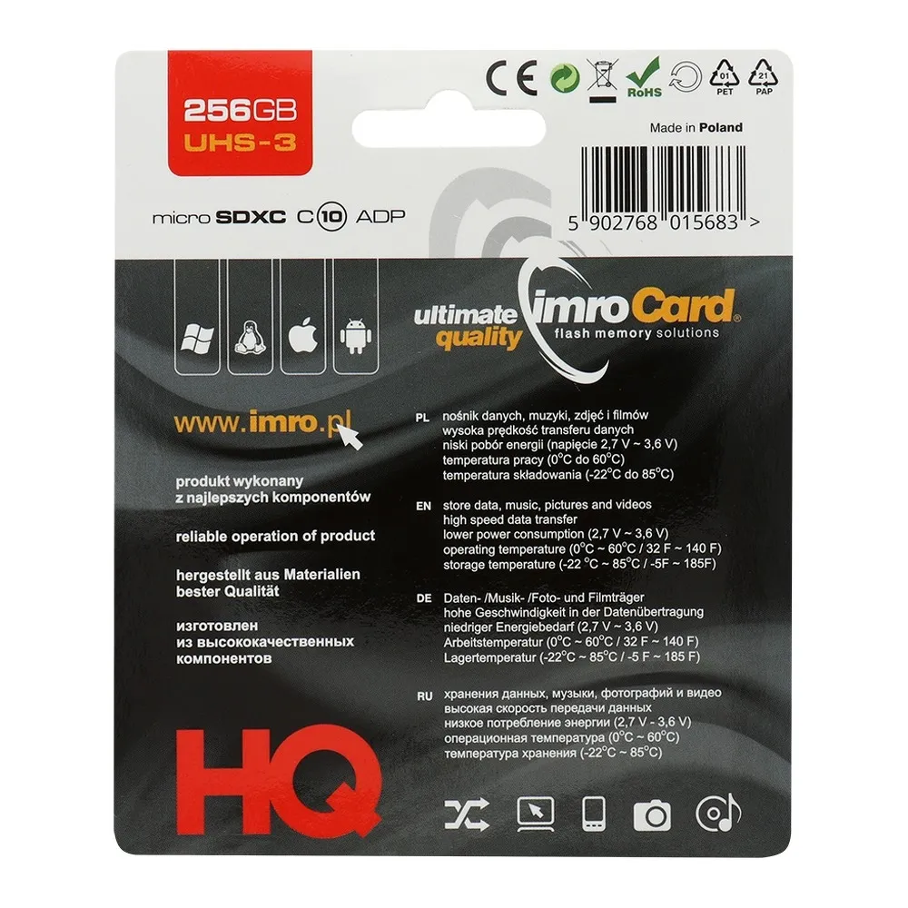 IMRO MicroSD-Speicherkarte 256GB CLASS 10 UHS 3 100MB/s mit SD-Adapter
