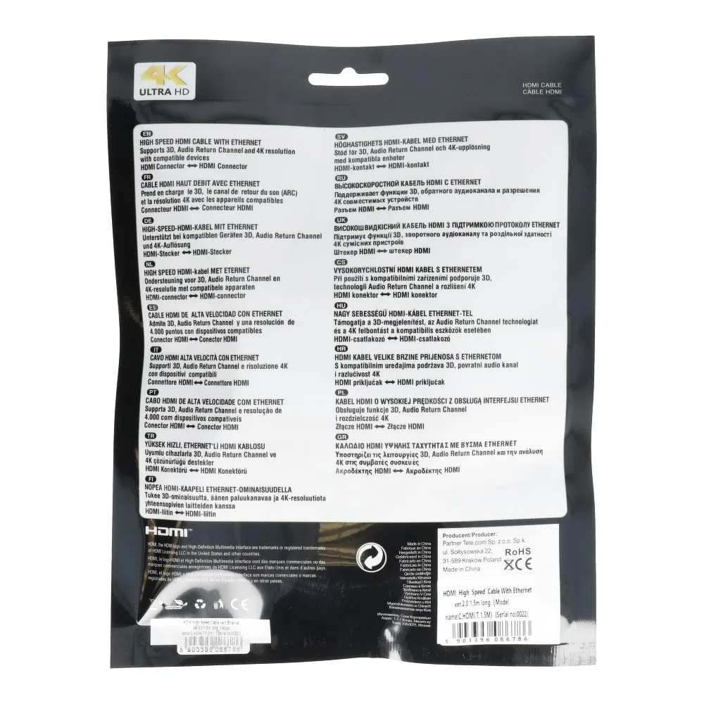Kabel HDMI - HDMI High Speed HDMI Cable mit Ethernet wer. 2.0 Länge 1,5m BLISTER