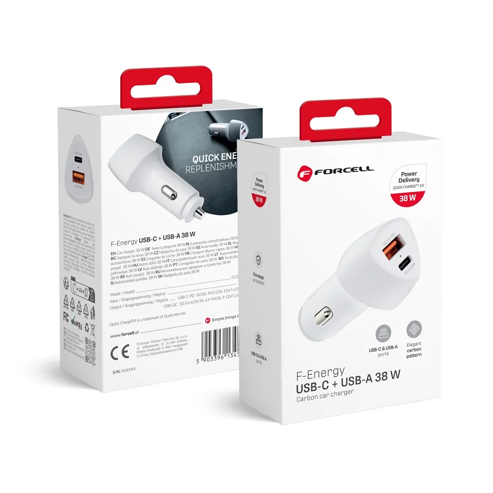 KFZ - Ladegerät FORCELL CARBON Typ C 3.0 PD20W + USB QC3.0 18W 5A CC50-1A1C weiss (Total 38W)