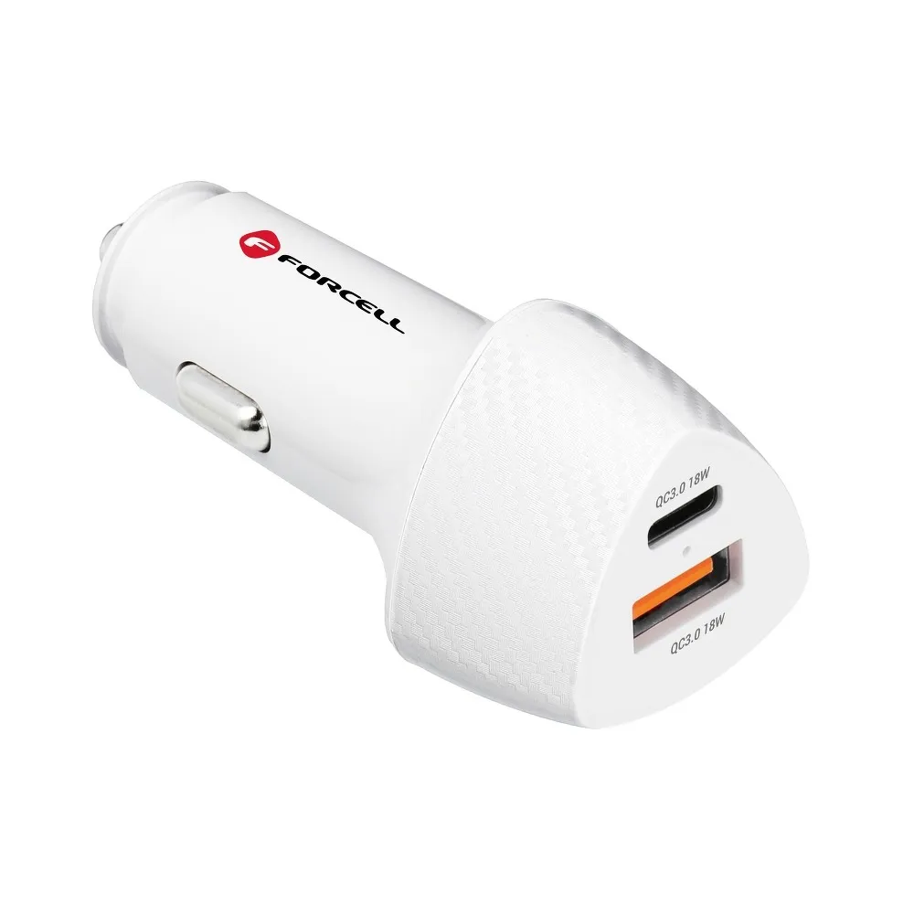 KFZ - Ladegerät FORCELL CARBON Typ C 3.0 PD20W + USB QC3.0 18W 5A CC50-1A1C weiss (Total 38W)