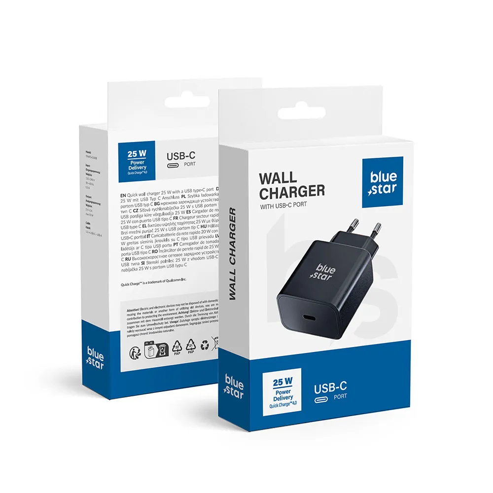 NETZ - Ladegerät Blue Star mit USB Typ C - 3A 25W Anschluss mit PD und Quick Charge 4.0 Ladefunktion