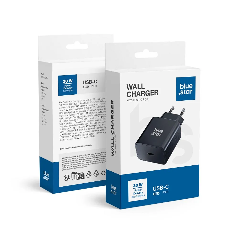 NETZ - Ladegerät Blue Star mit USB Typ C - 3A 20W Anschluss mit PD und Quick Charge 3.0 Ladefunktion