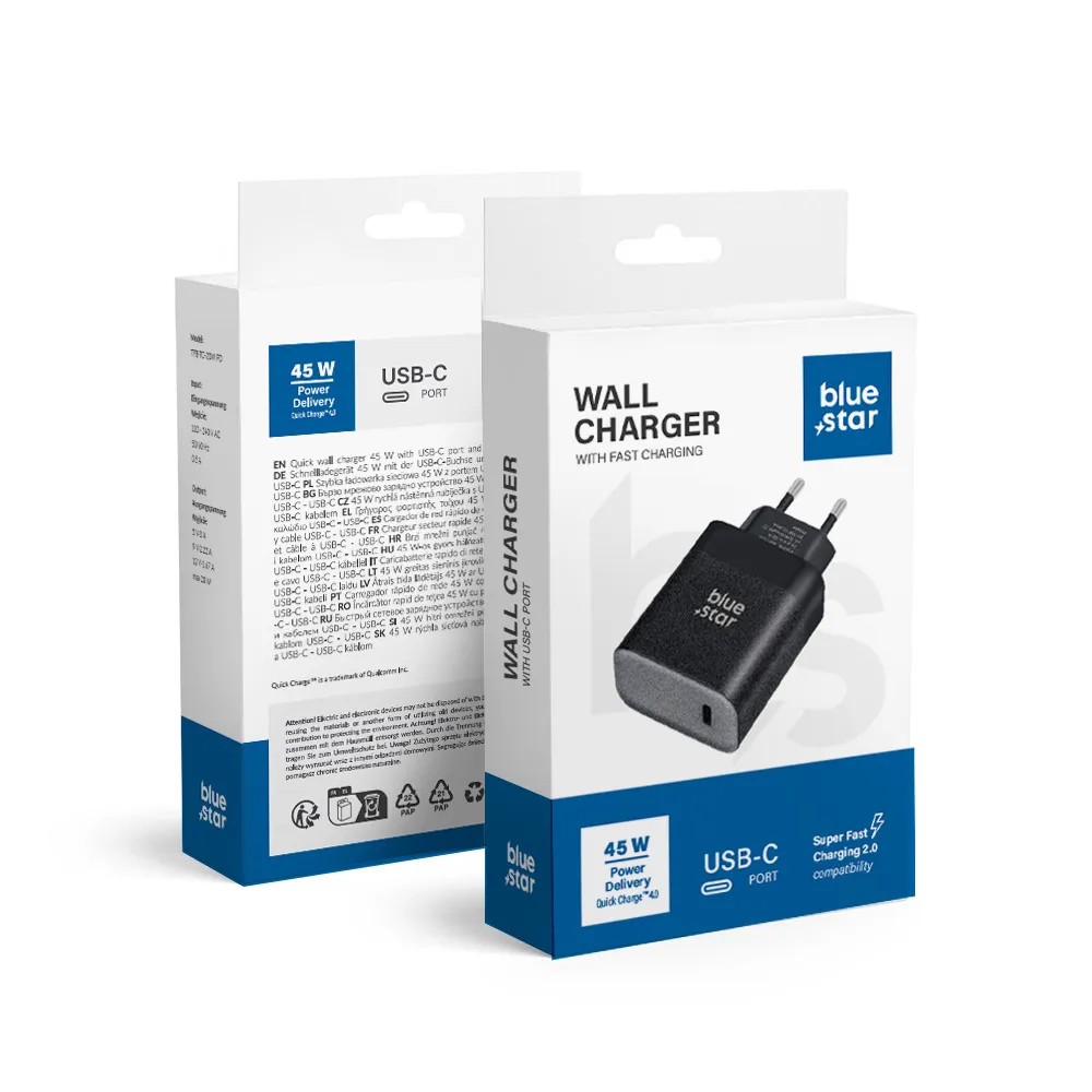 NETZ - Ladegerät Blue Star mit USB Typ C - 3A 45W Anschluss mit PD und Quick Charge 4.0 Ladefunktion