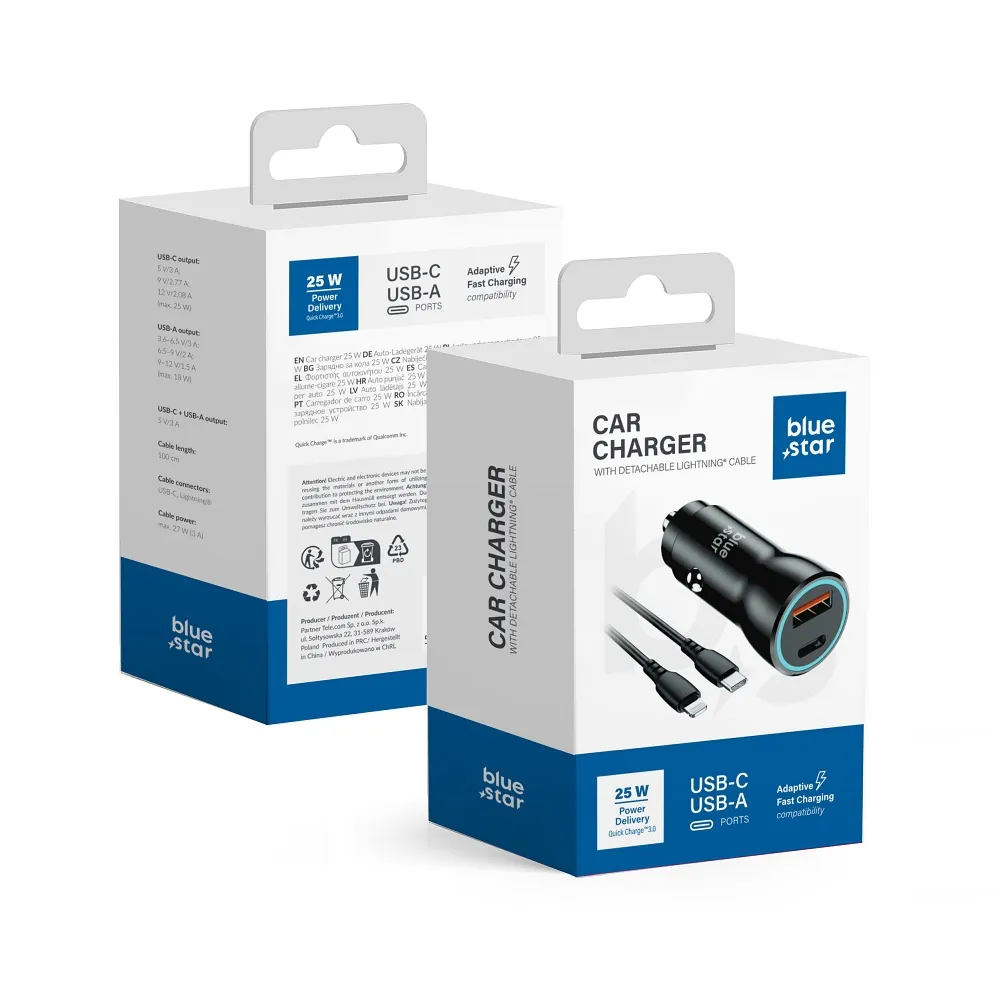 Blue Star 25W Autoladegerät (PD, QC 3.0, AFC, PPS) mit USB C Anschluss und USB C zu Lightning 3A Kabel