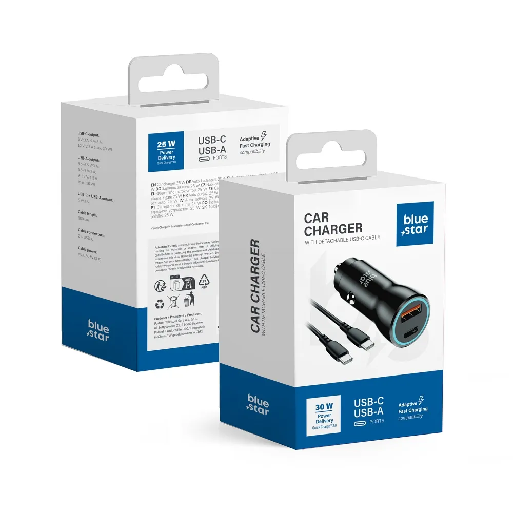 Blue Star 30W Autoladegerät (PD, QC 3.0, AFC, PPS) mit USB C Anschluss und 60W USB C-C Kabel