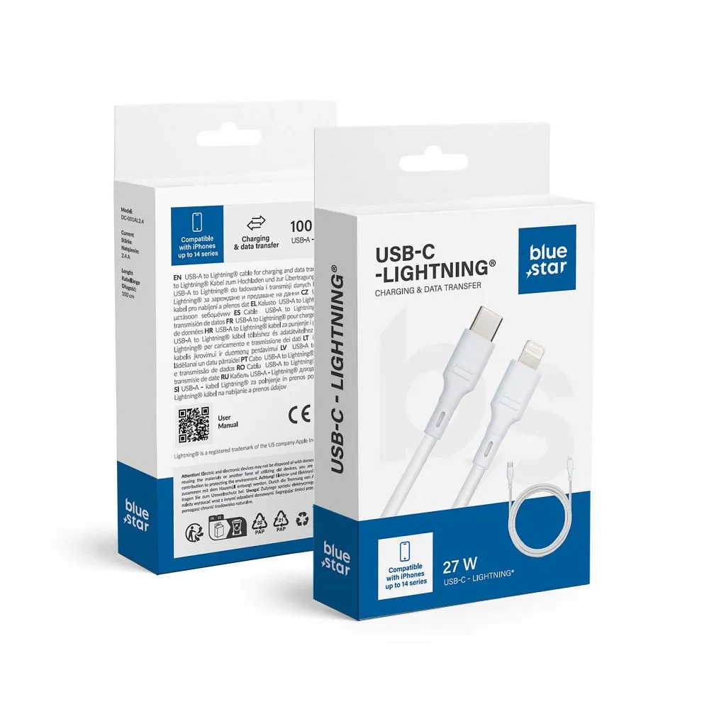 Blue Star Kabel mit USB C Stecker auf iPhone Lightning 2.4A (max 27W) - weiß